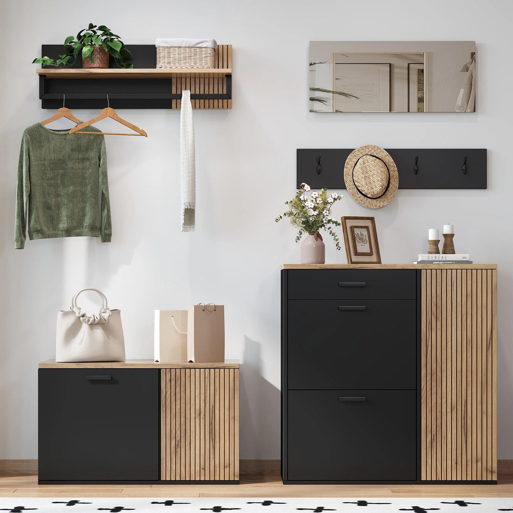 Wardrobe Set with Mirror, 2 Shoe Cabinets & Bench, Hallway Storage - Image 2