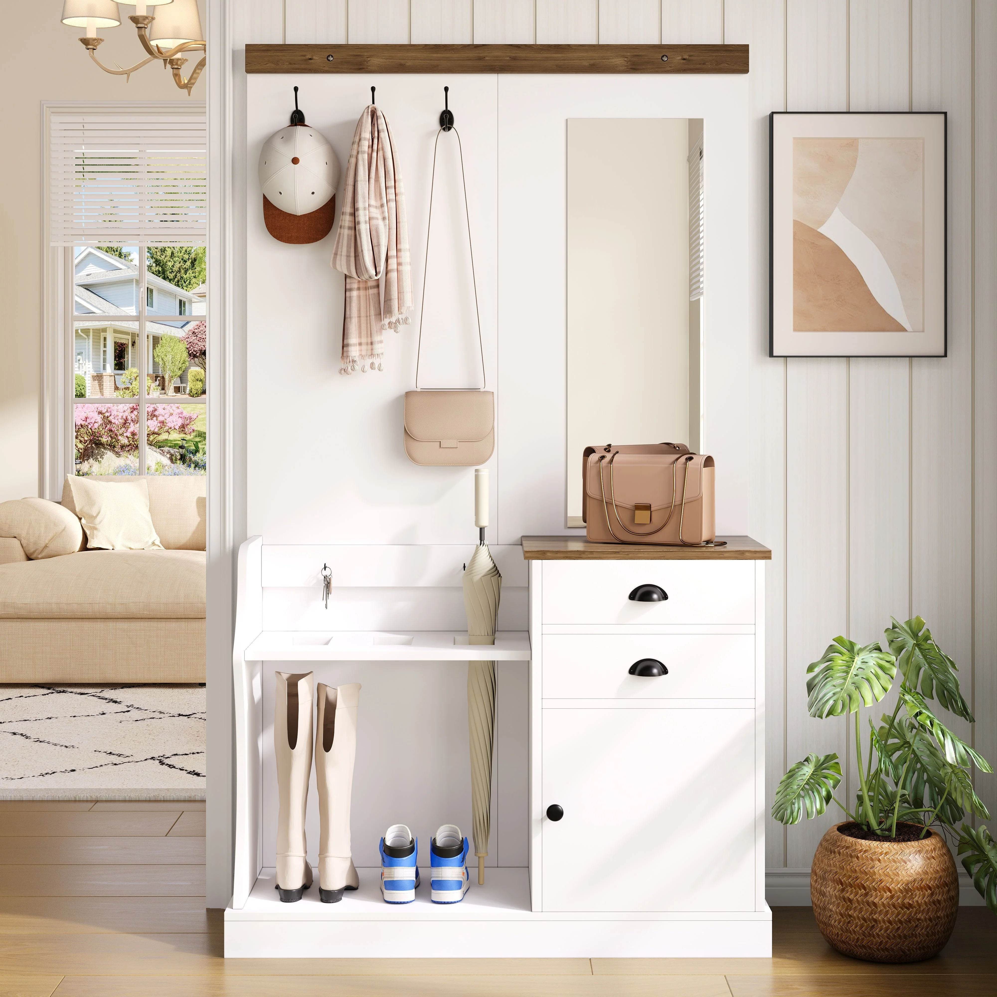 Wardrobe Set with Mirror, Hooks, Drawers & Umbrella Stand, Wood and White - Image 5