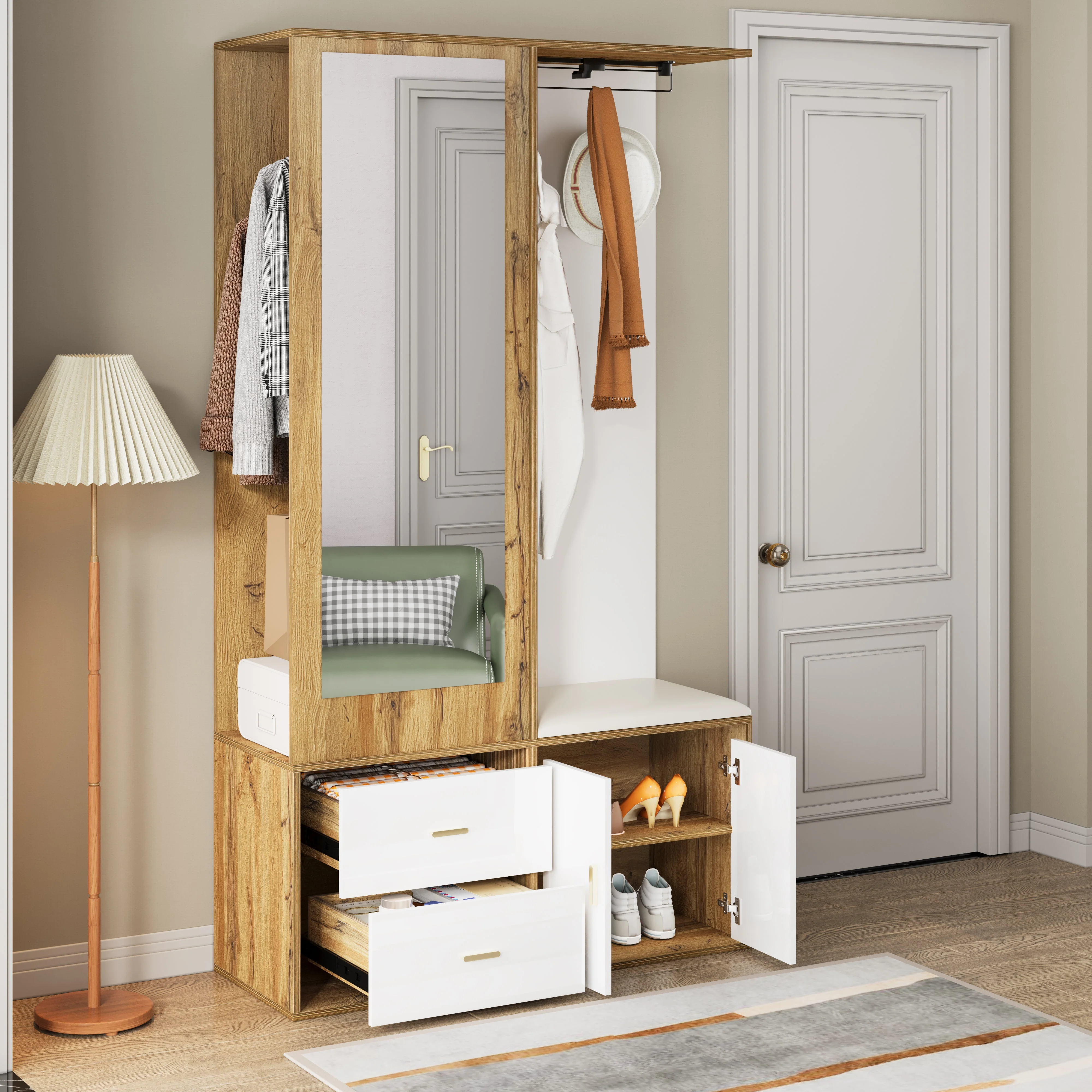 Wardrobe Set with Mirror, Shoe Cabinet & Bench, White and Wood - Image 4