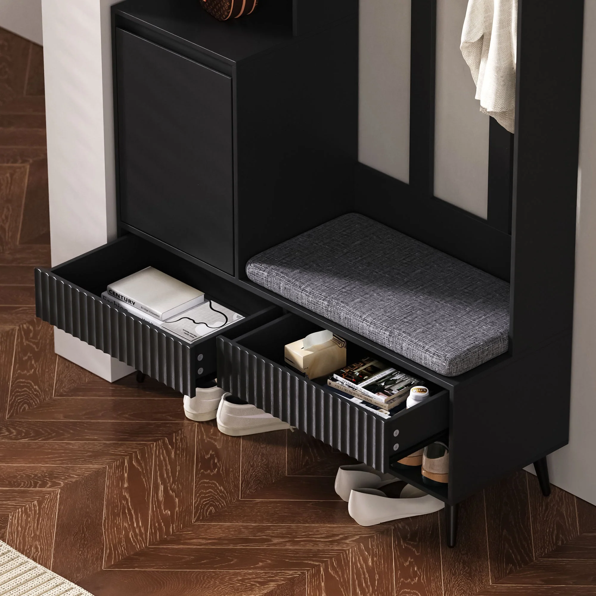 Wardrobe set with shoe bench, 4 coat hooks, two drawers, 1 door, black - Image 5