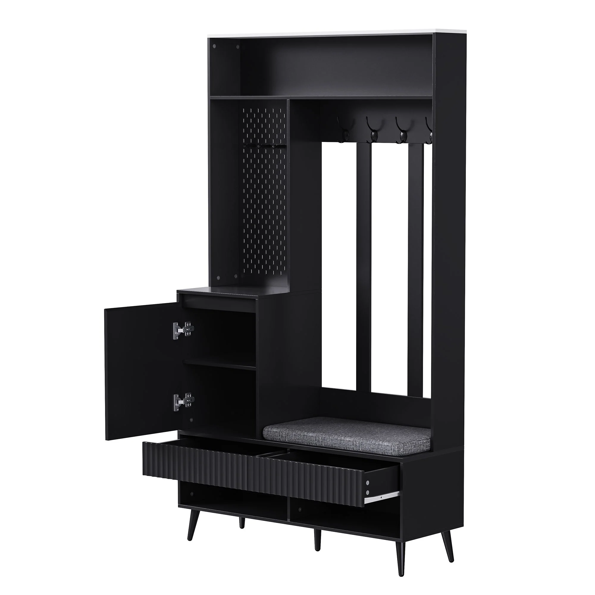 Wardrobe set with shoe bench, 4 coat hooks, two drawers, 1 door, black - Image 9