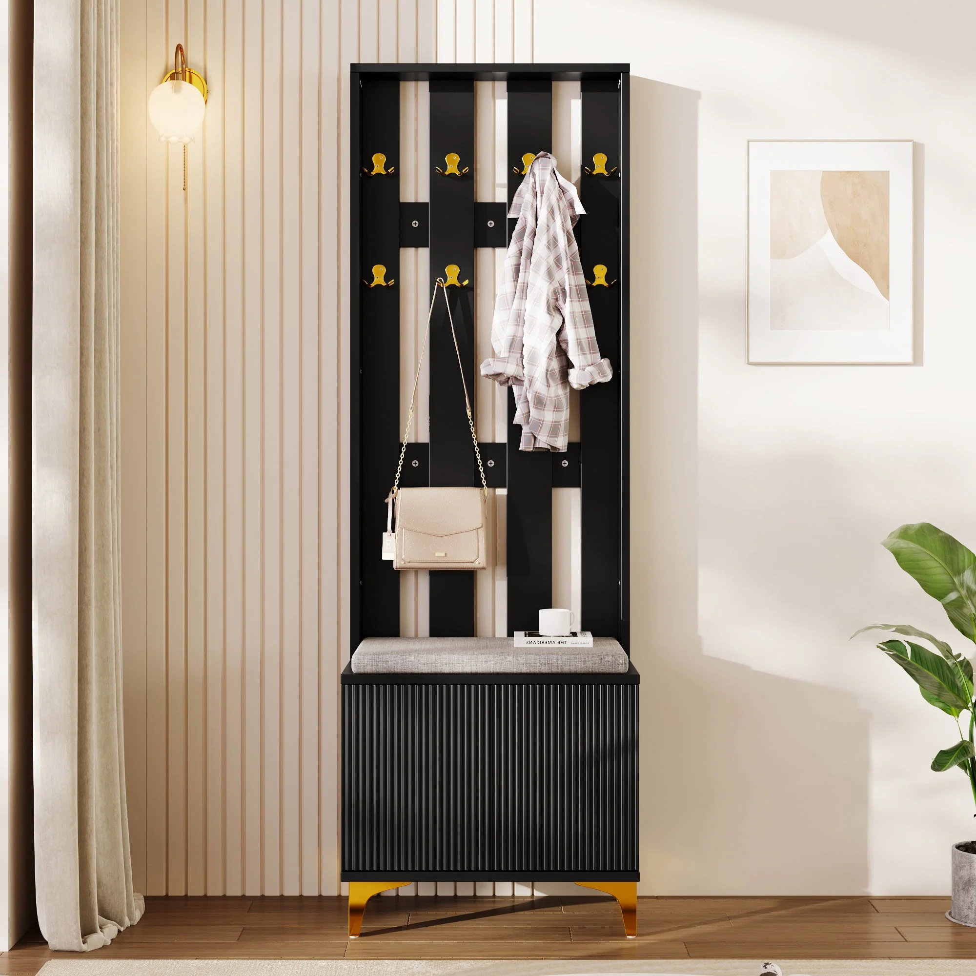 Wardrobe set with shoe bench and cushion and hooks