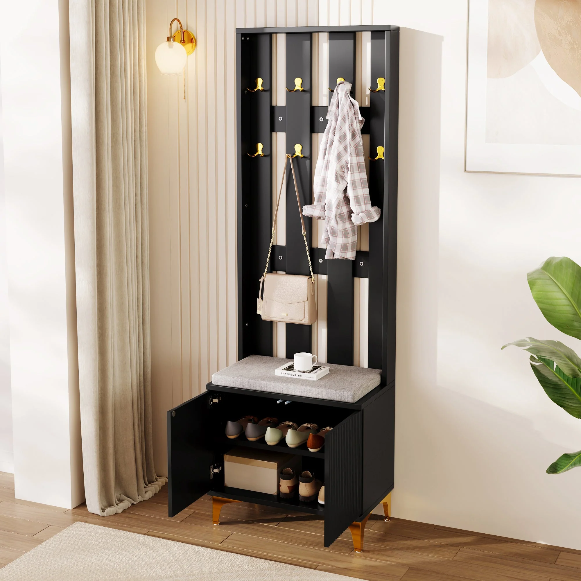 Wardrobe set with shoe bench and cushion and hooks - Image 3