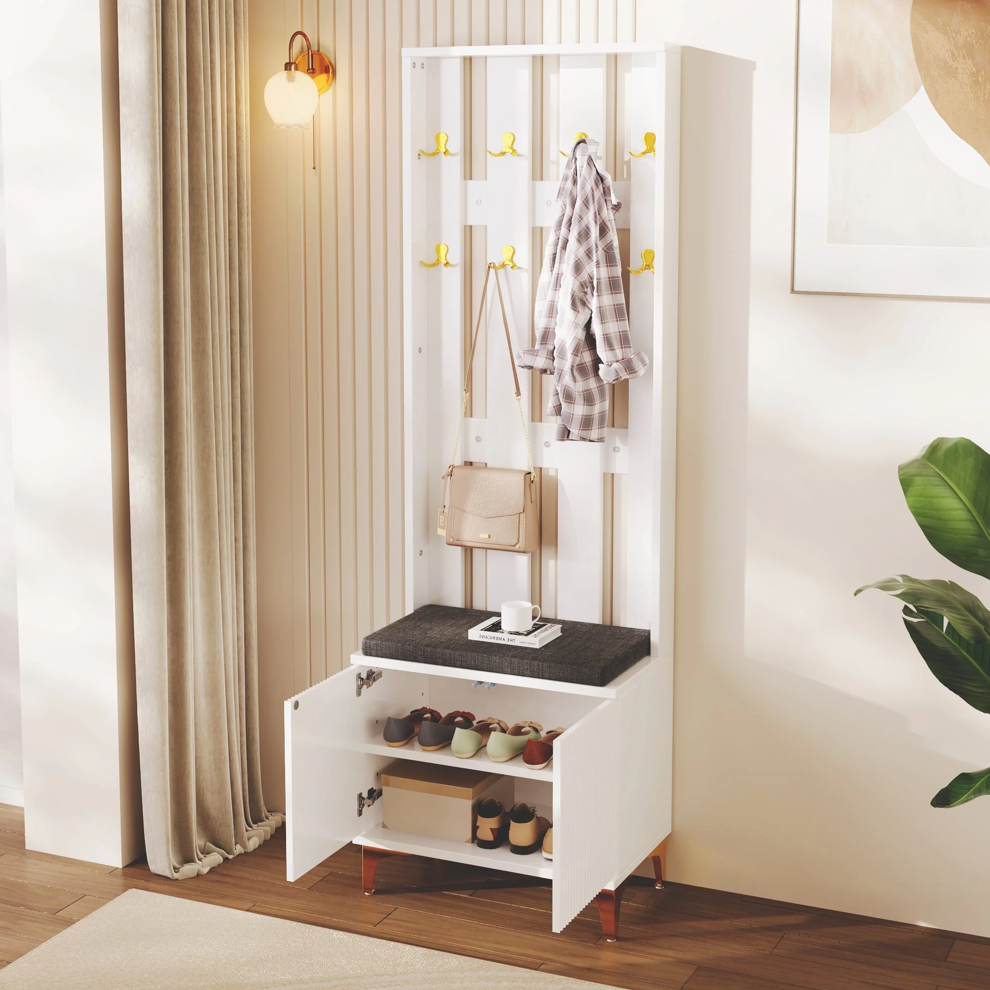 Wardrobe Set with Shoe Bench and Cushion, Front with Hooks - Image 3