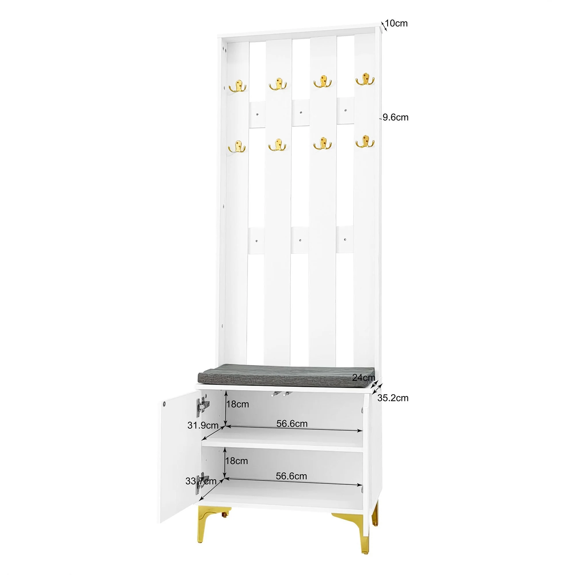 Wardrobe Set with Shoe Bench and Cushion, Front with Hooks - Image 5