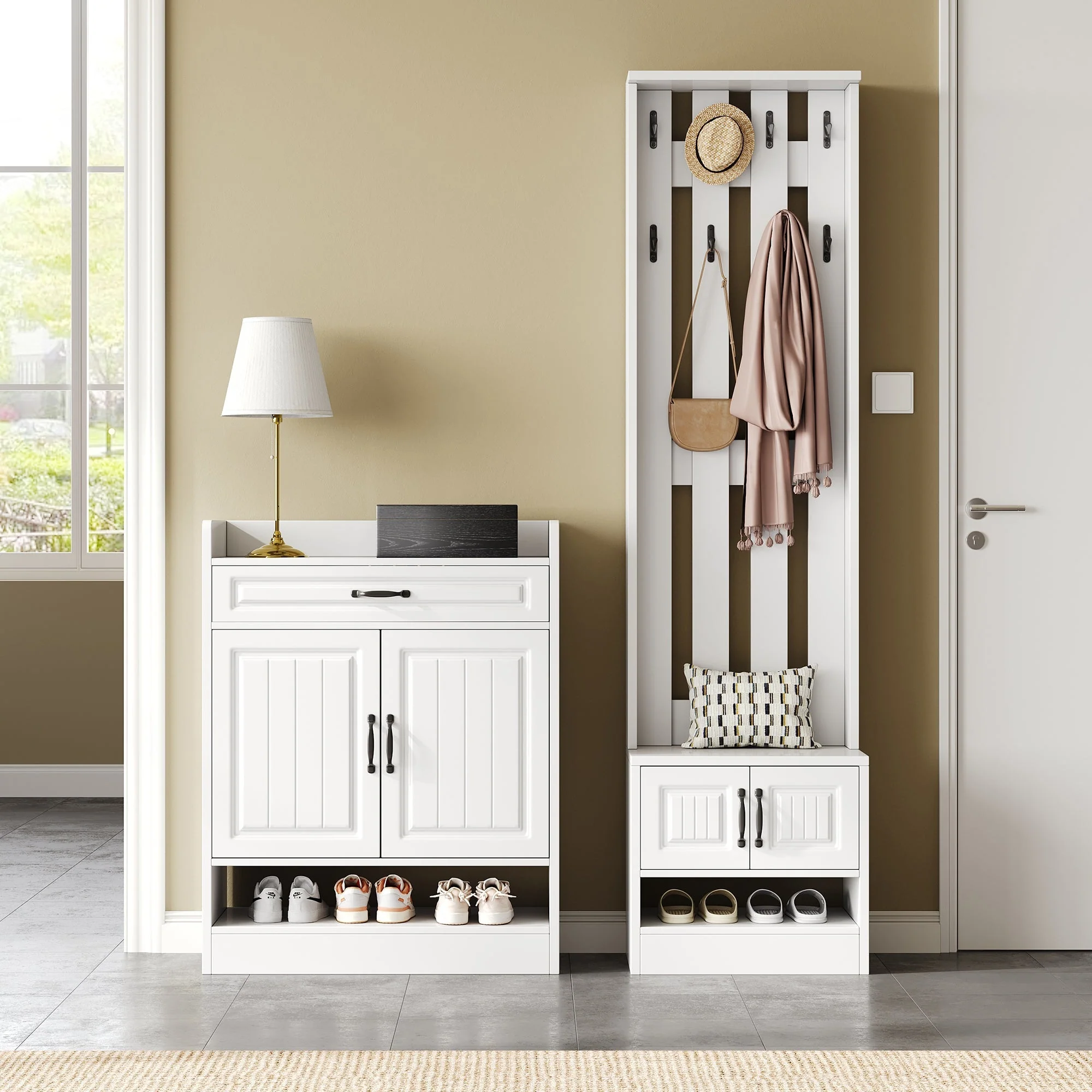 Wardrobe Set with Shoe Bench & Rack, 8 Hooks, 4 Doors, 1 Drawer - White - Image 5