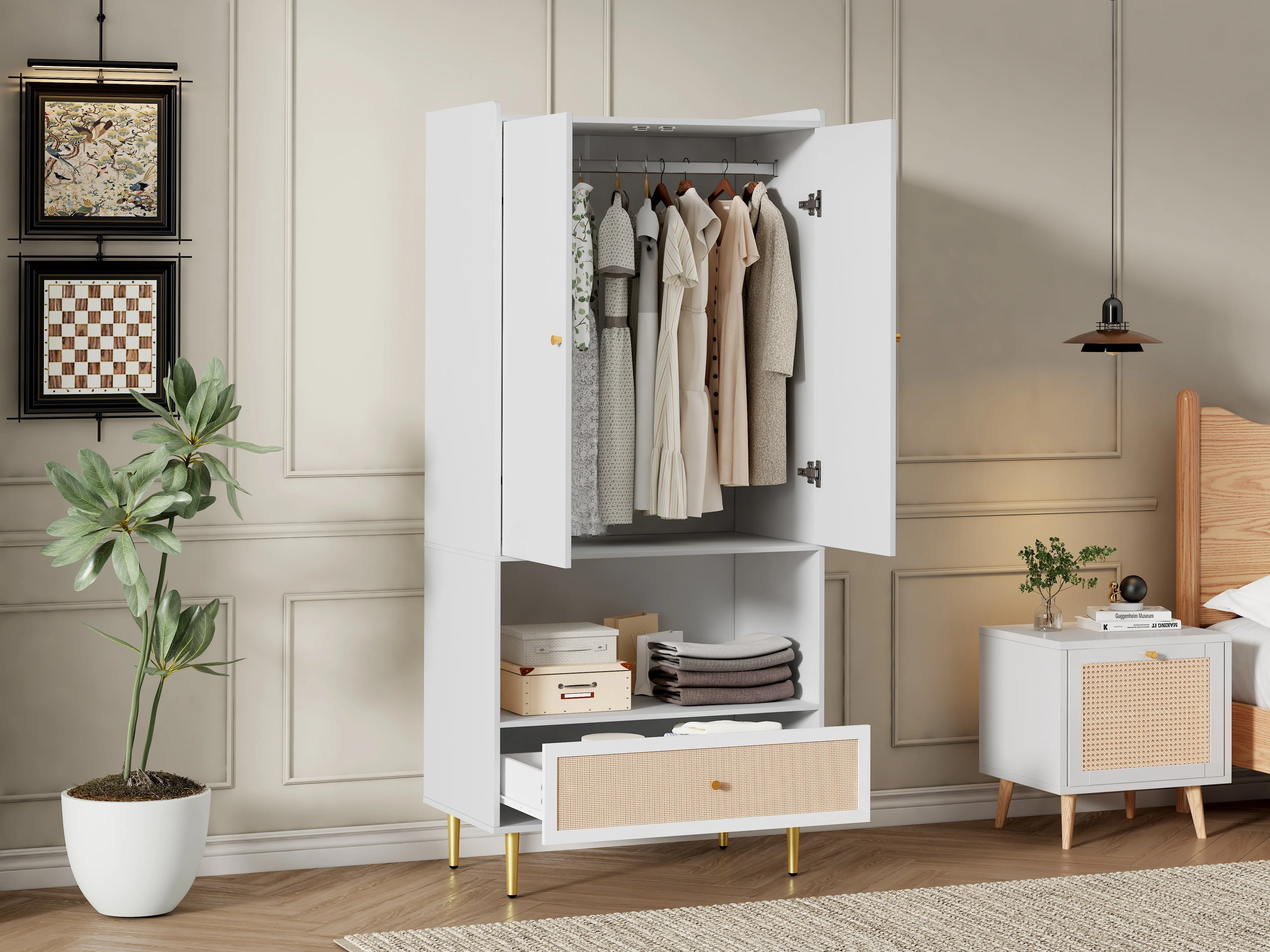 Wardrobe with 2 Doors, Rattan Drawer and Clothes Rail, White - Image 10