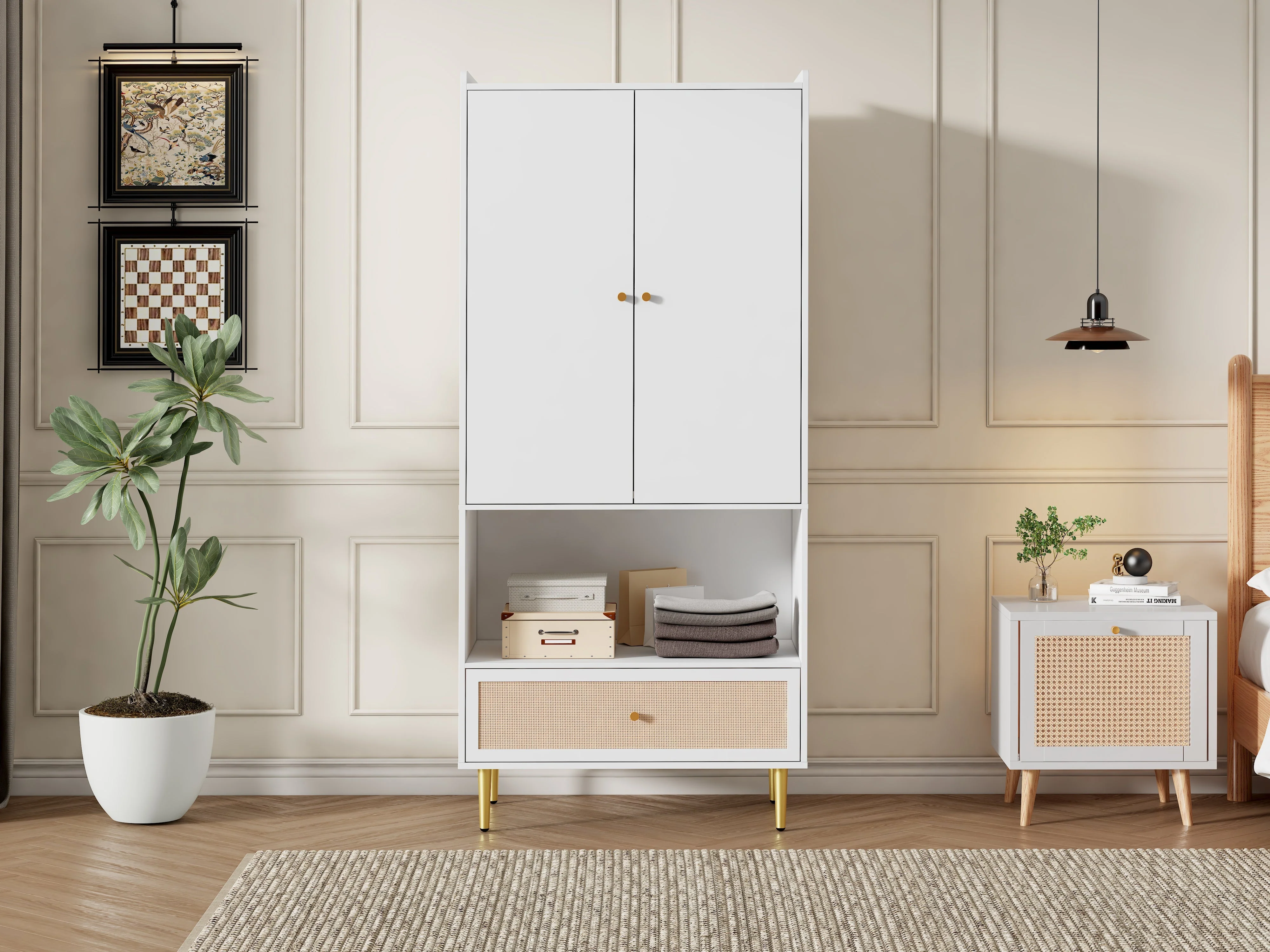 Wardrobe with 2 Doors, Rattan Drawer and Clothes Rail, White - Image 5