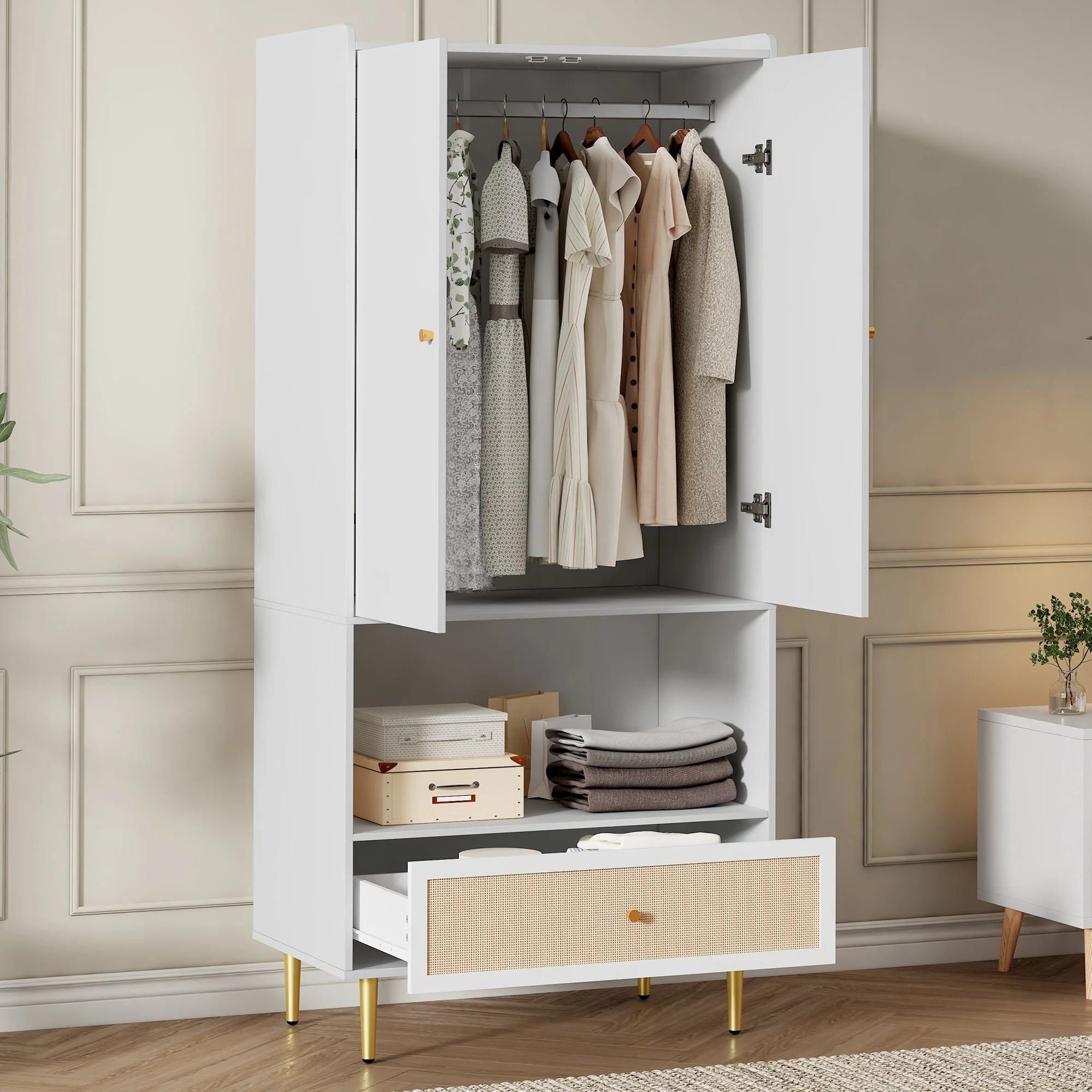 Wardrobe with 2 Doors, Rattan Drawer and Clothes Rail, White - Image 6