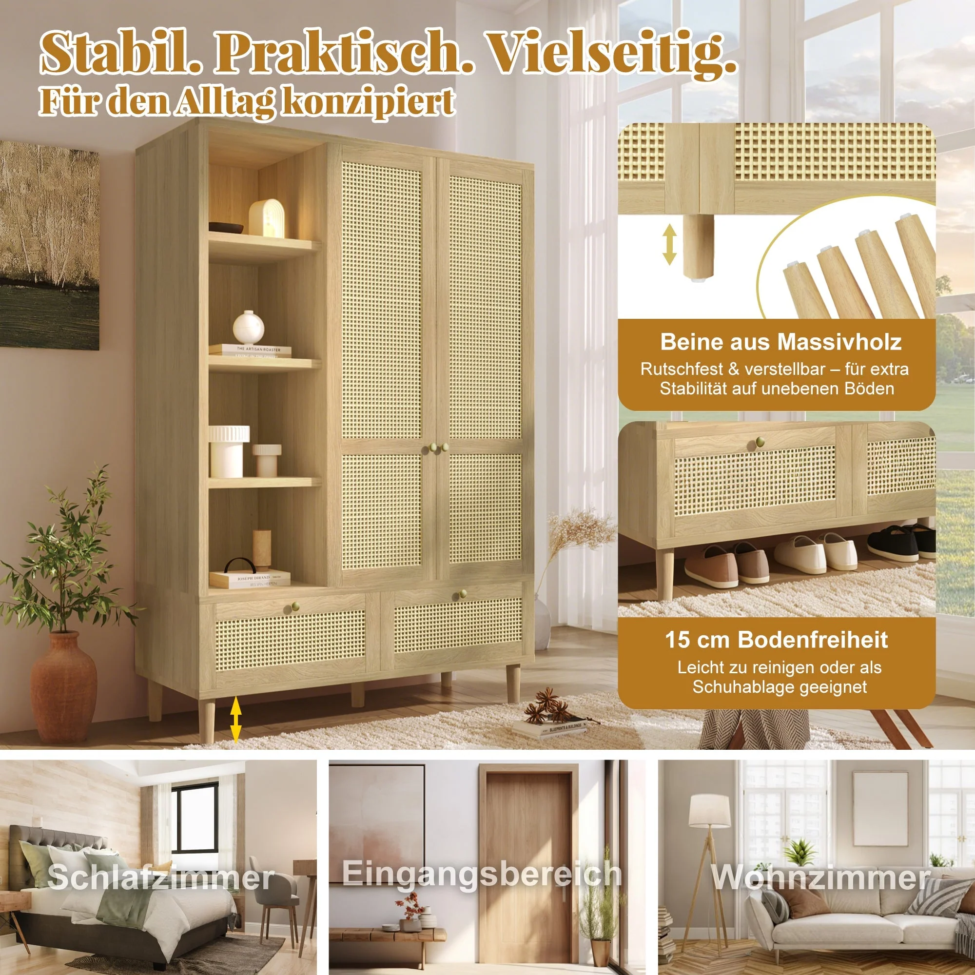 Wardrobe with 2 Doors, Rattan Weave, Shelves, Clothes Rail and 2 Drawers, Oak Look - Image 7