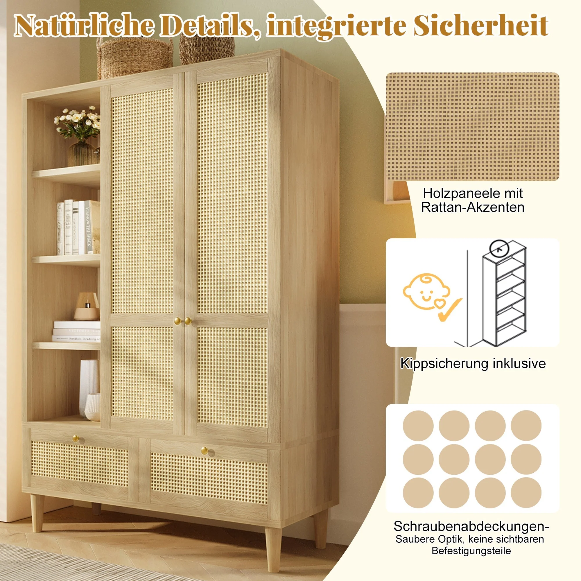 Wardrobe with 2 Doors, Rattan Weave, Shelves, Clothes Rail and 2 Drawers, Oak Look - Image 8