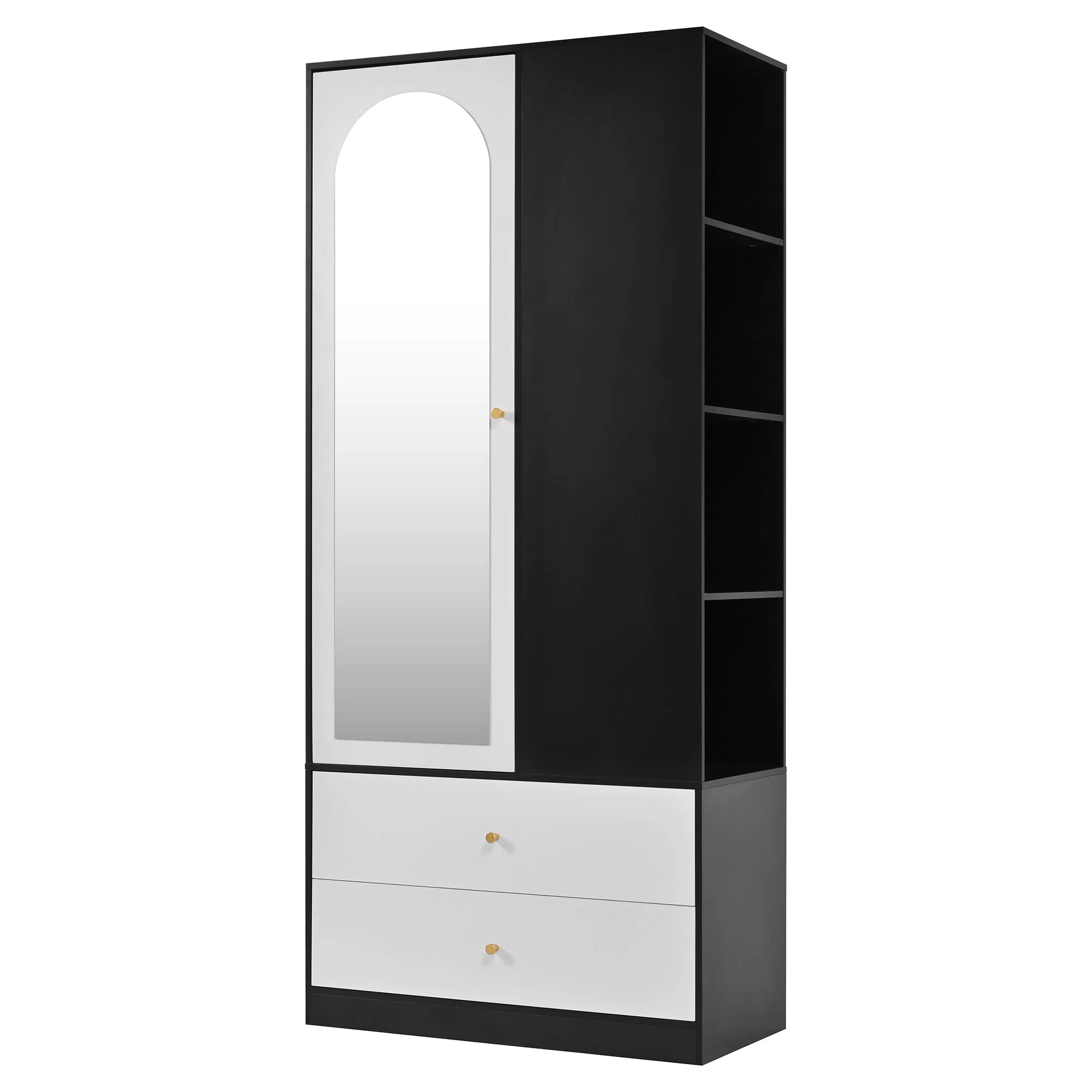 Wardrobe with Mirror 2 Drawers 4 Shelves Bedroom Storage 80x40x180cm White and Black - Image 10
