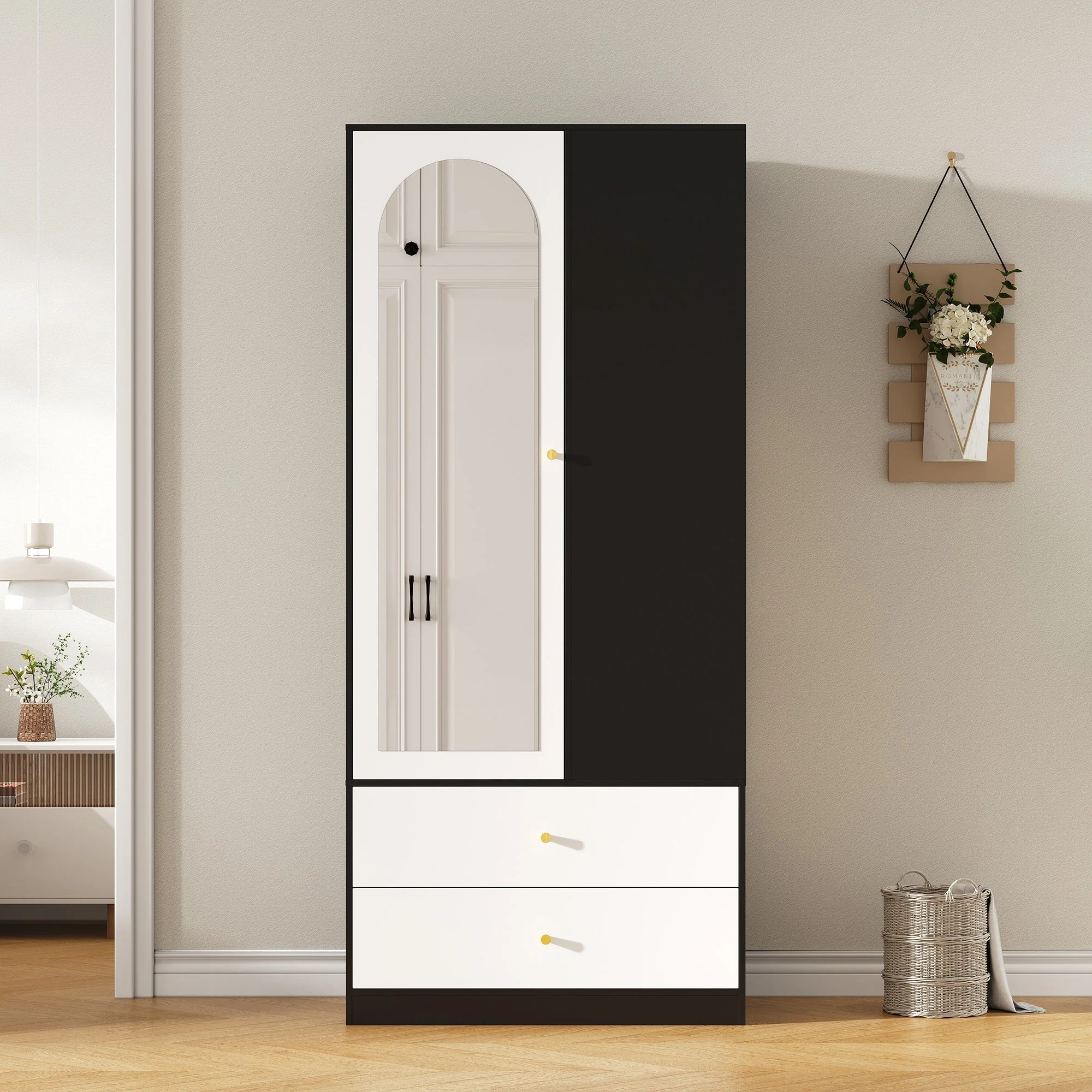Wardrobe with Mirror 2 Drawers 4 Shelves Bedroom Storage 80x40x180cm White and Black - Image 5