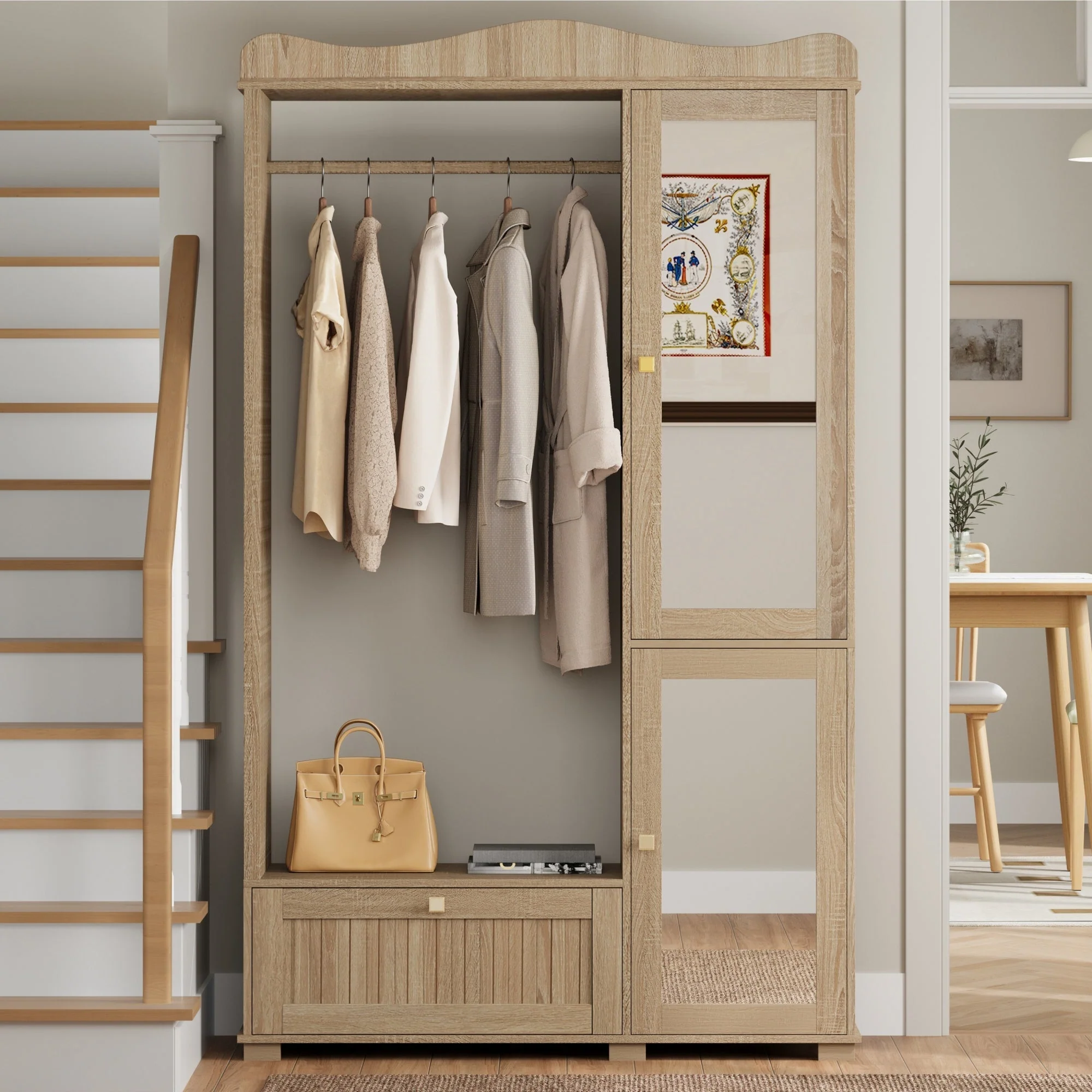 Wardrobe with Mirror and Open Clothes Rack, Drawer and 2 Doors, Wood Wood - Image 8