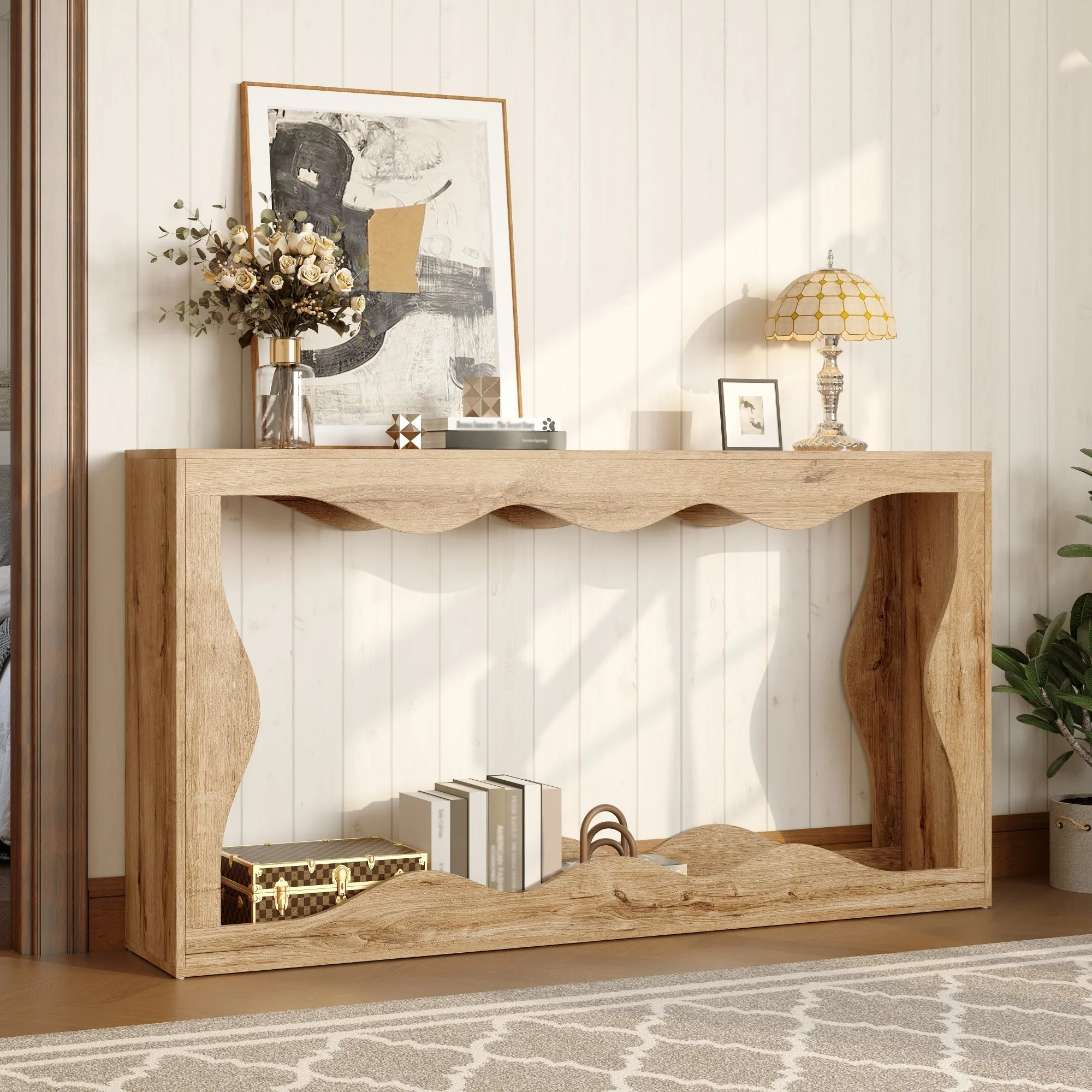 Wavy-Edge Console Table with 2-Tier Shelf and Natural Edge Design, Wood-Look
