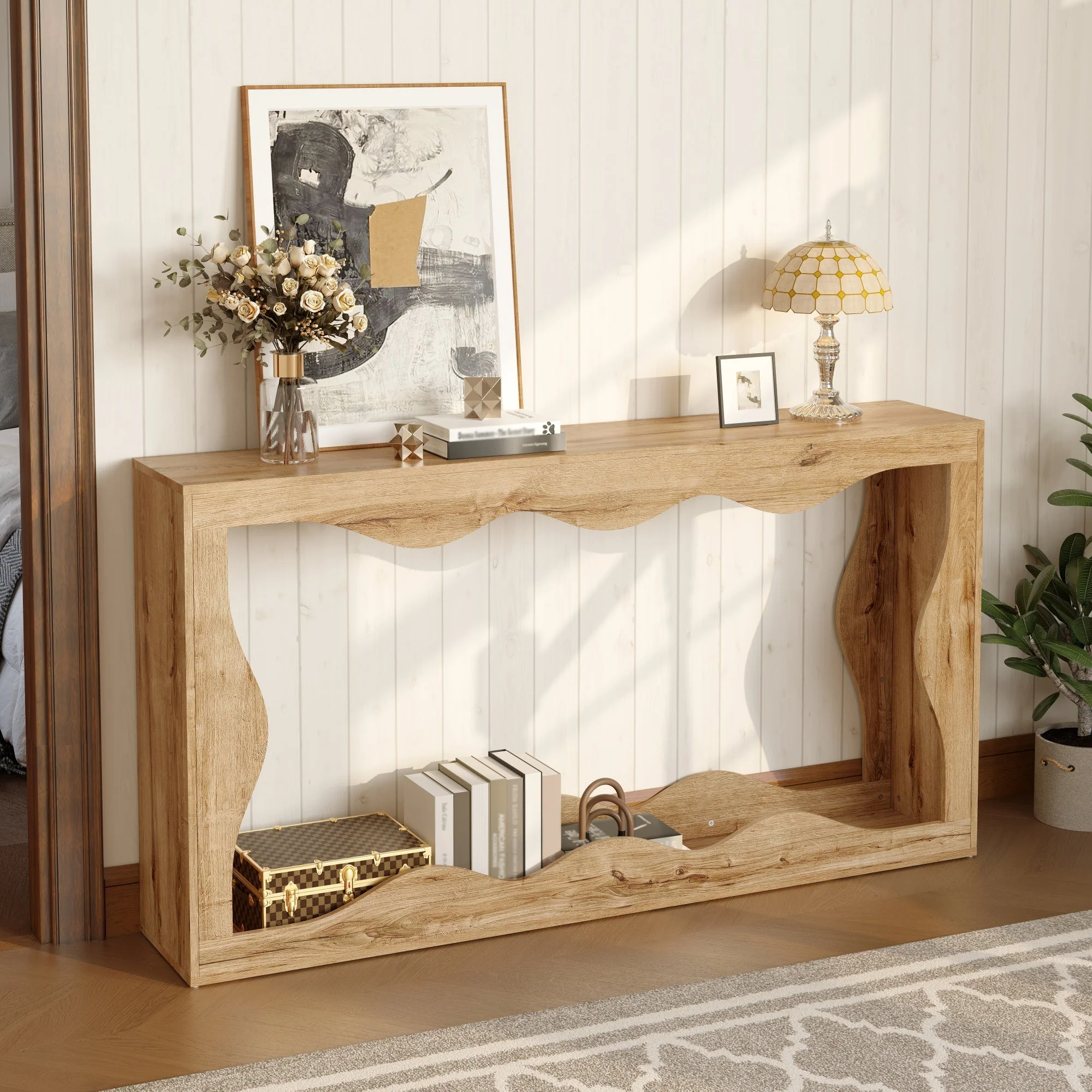 Wavy-Edge Console Table with 2-Tier Shelf and Natural Edge Design, Wood-Look - Image 5