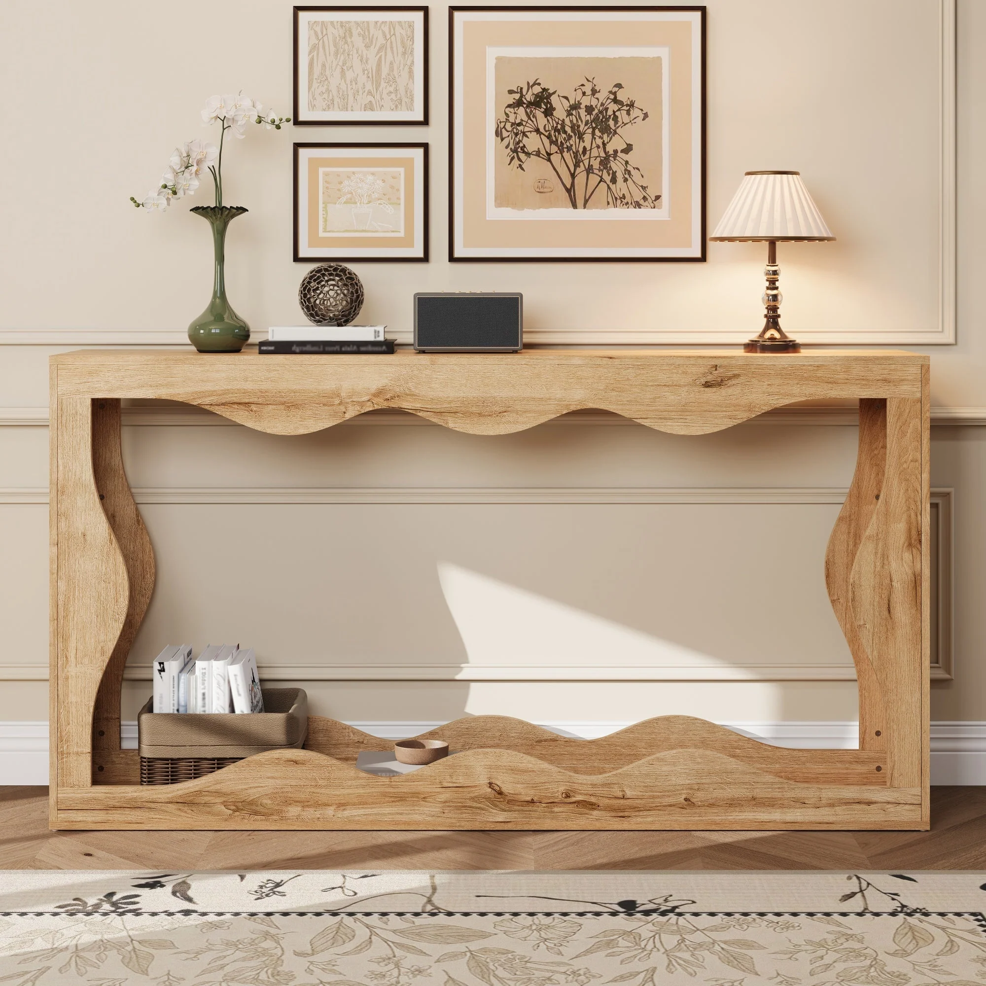 Wavy-Edge Console Table with 2-Tier Shelf and Natural Edge Design, Wood-Look - Image 8