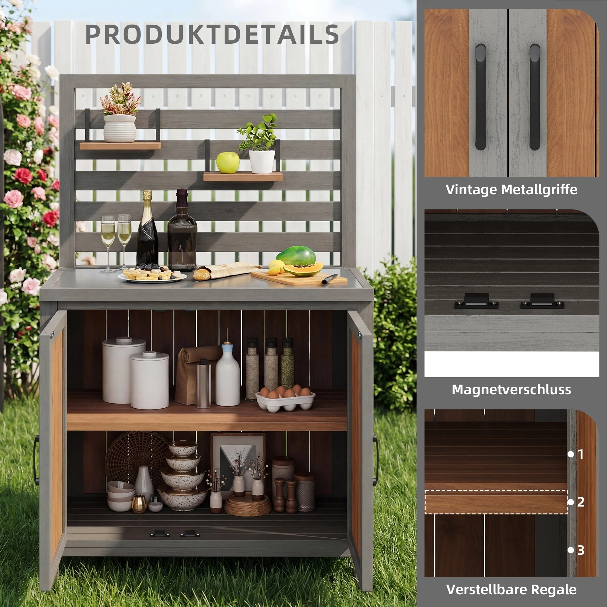 Weatherproof Garden Cabinet with Stainless Steel Worktop and Adjustable Shelves, Wooden - Image 7