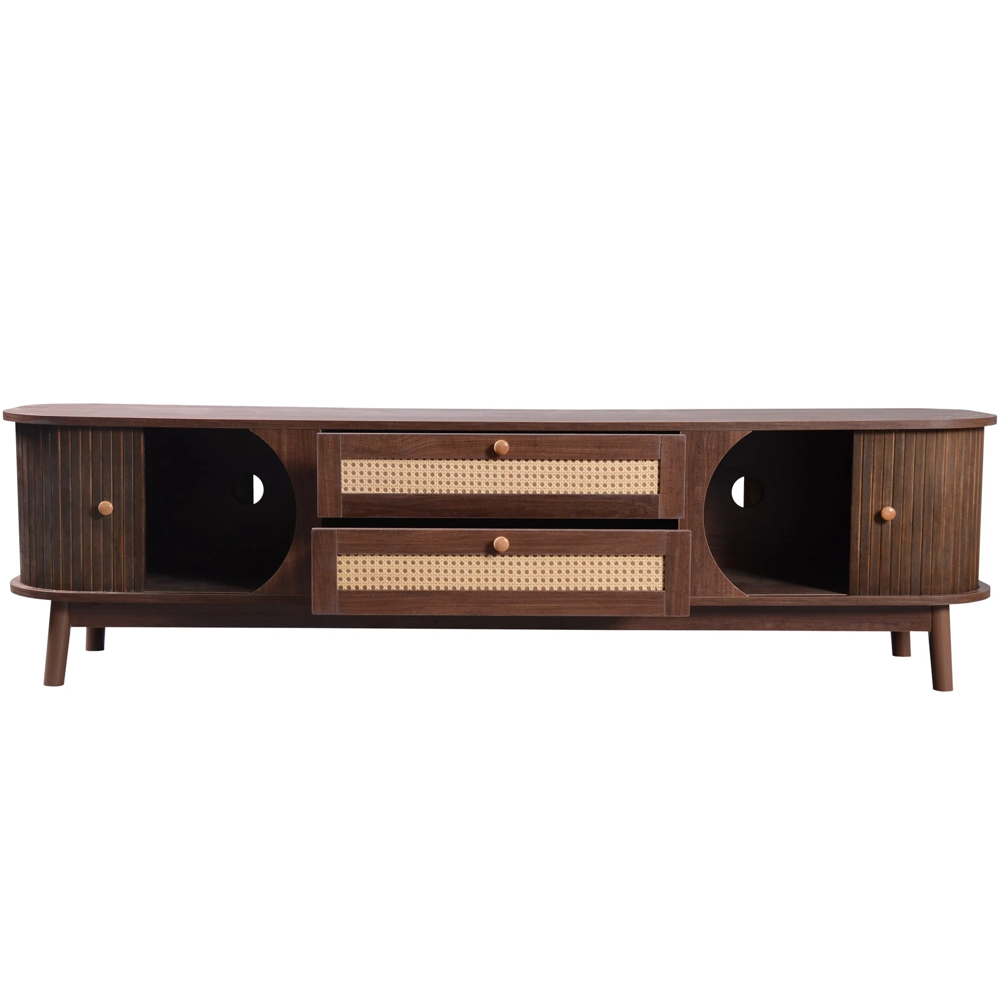 WF315197NAA Faux Rattan TV Cabinet Doors Drawers Walnut Brown MDF