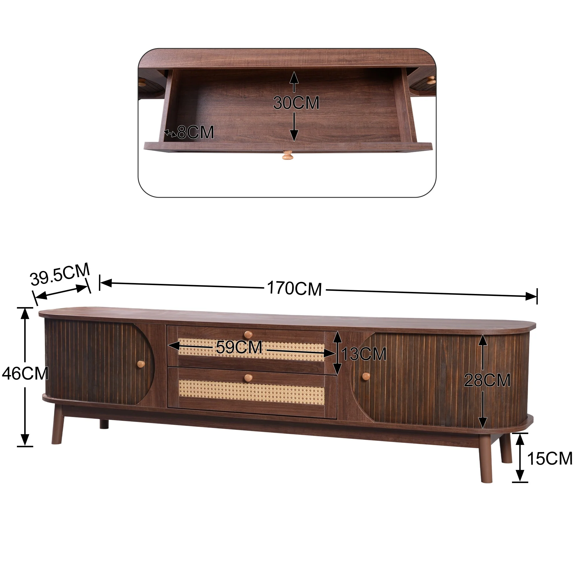 WF315197NAA Faux Rattan TV Cabinet Doors Drawers Walnut Brown MDF - Image 11