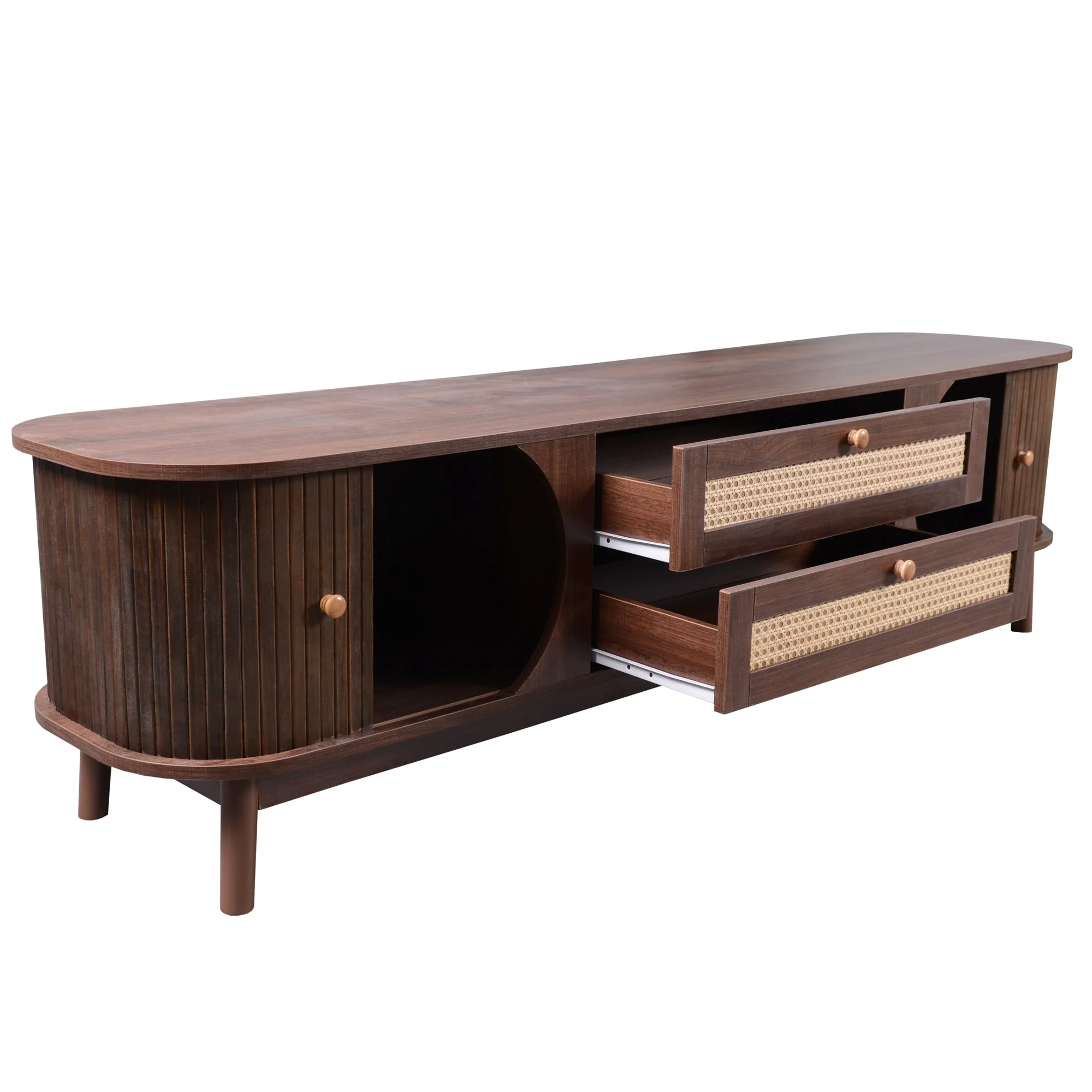 WF315197NAA Faux Rattan TV Cabinet Doors Drawers Walnut Brown MDF - Image 7
