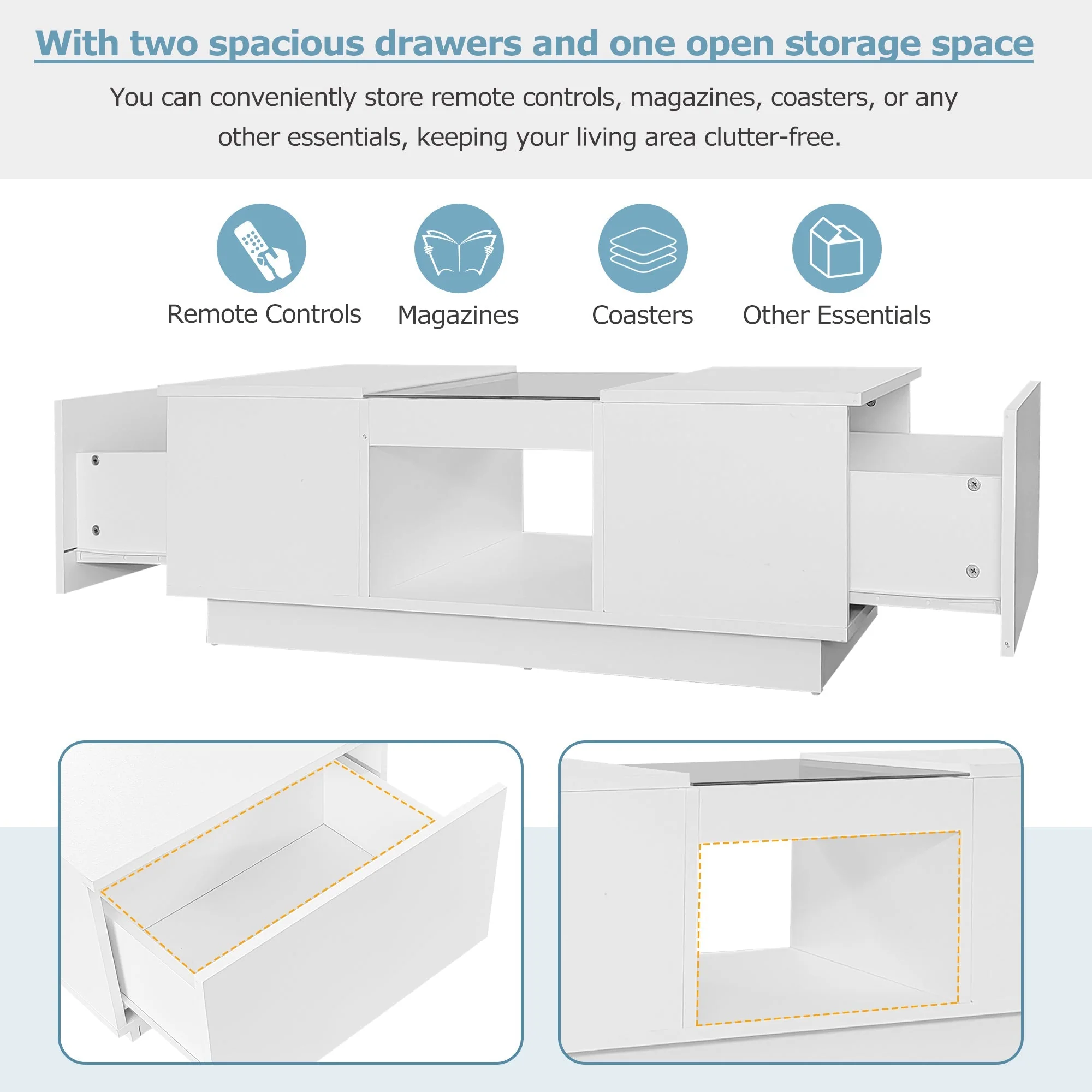White Coffee Table with Glass Panel, LED Lighting, 2 Drawers, and 1 Open Compartment - Image 7