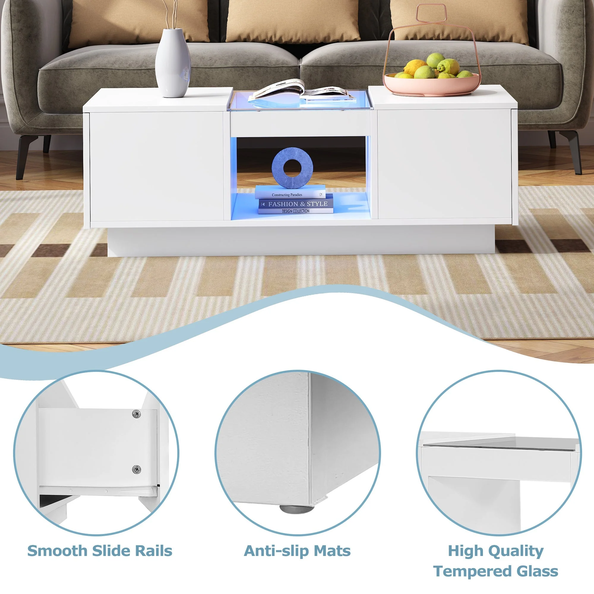 White Coffee Table with Glass Panel, LED Lighting, 2 Drawers, and 1 Open Compartment - Image 9