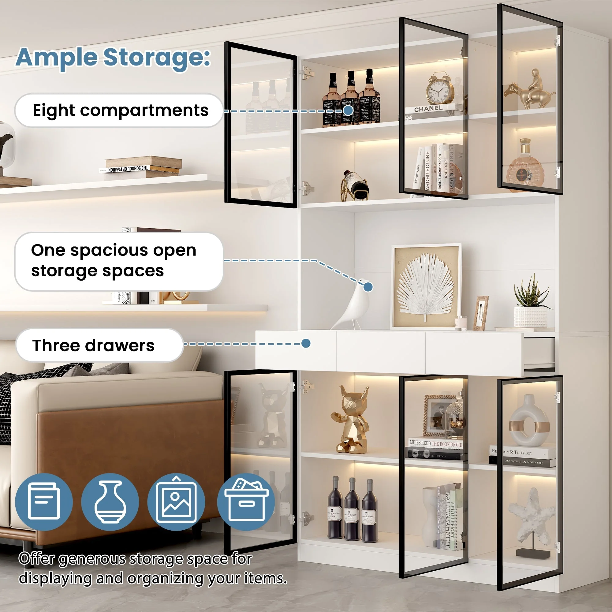 White Display Cabinet with LED Lights and 6 Glass Doors, 200cm High, White and Black Aluminium Frame - Image 6