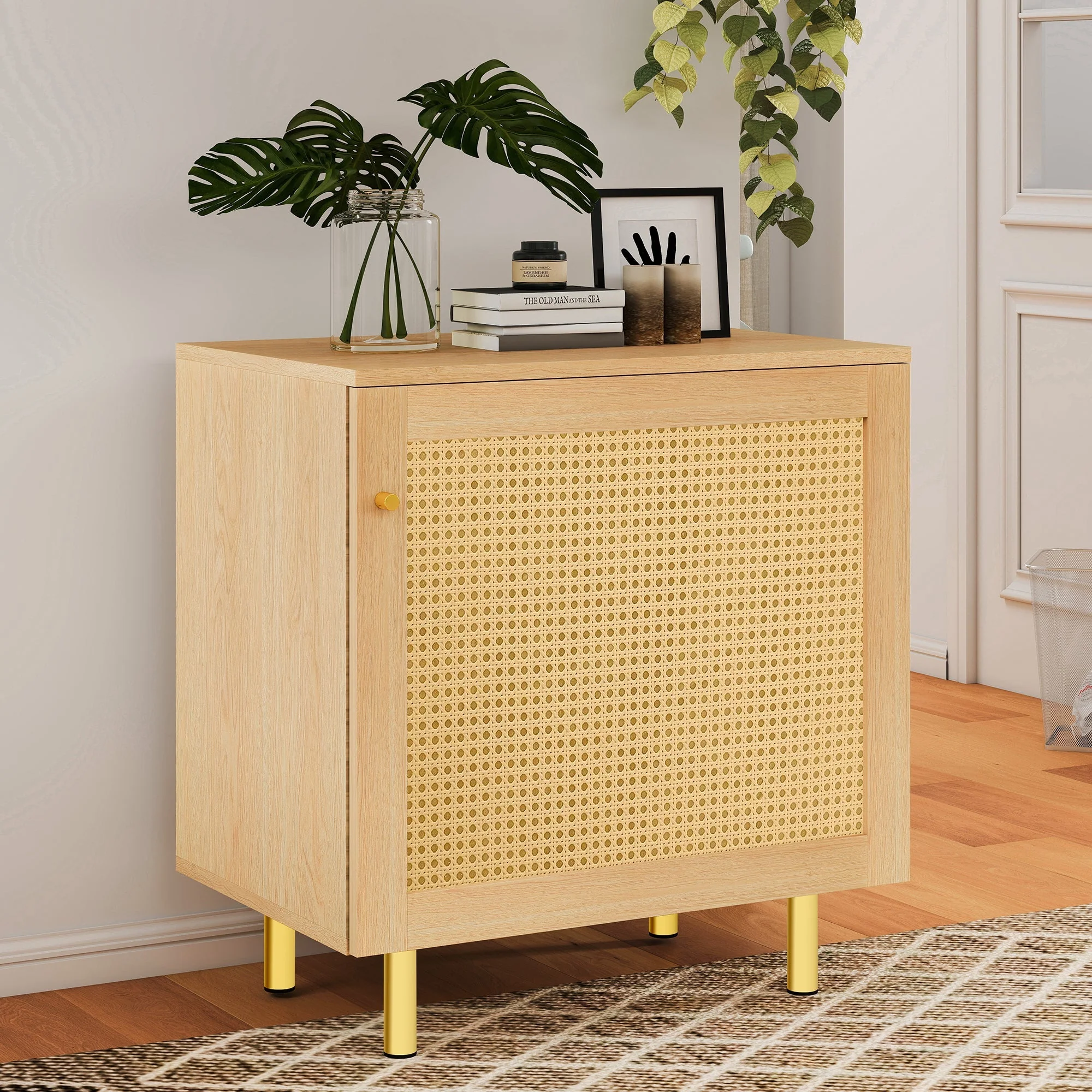 Wicker Nightstand Single Door Rustic Natural Wood Look - Image 4