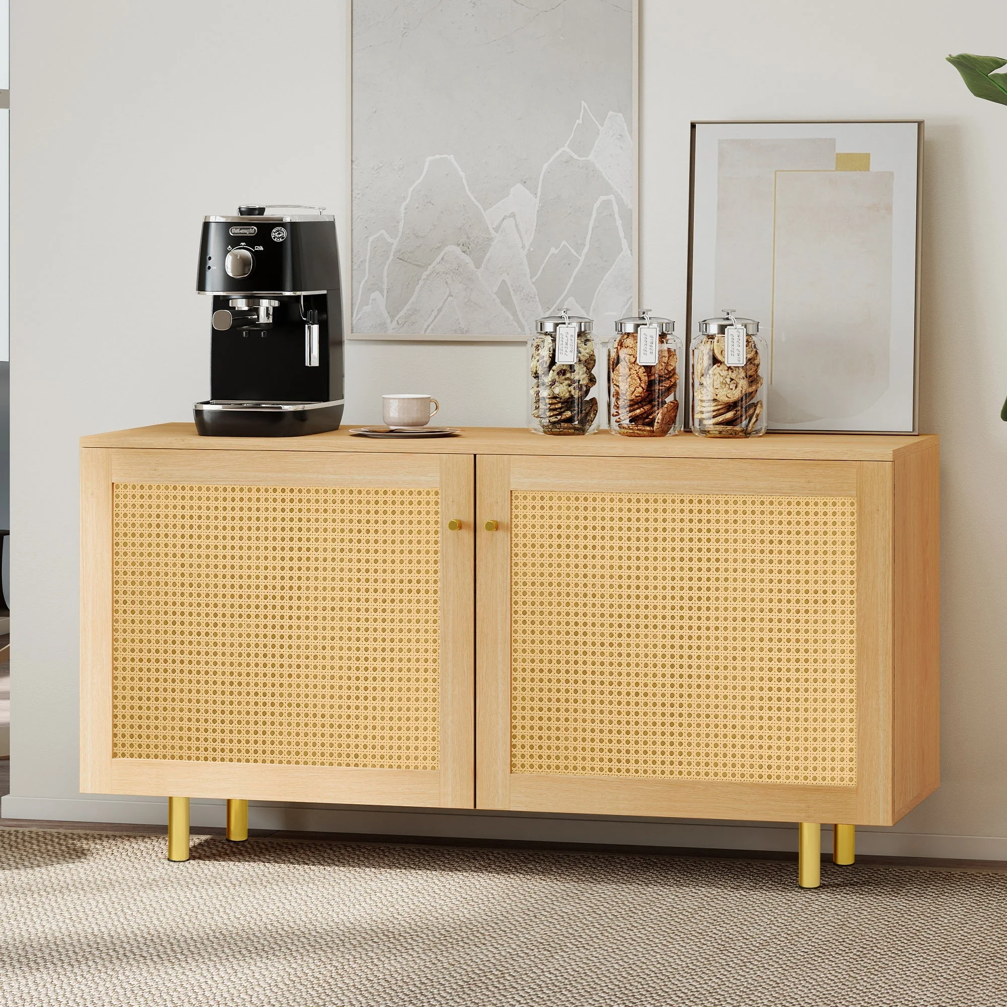 Wicker Sideboard Double-Door Storage Cabinet 120cm Natural Wood Look - Image 10