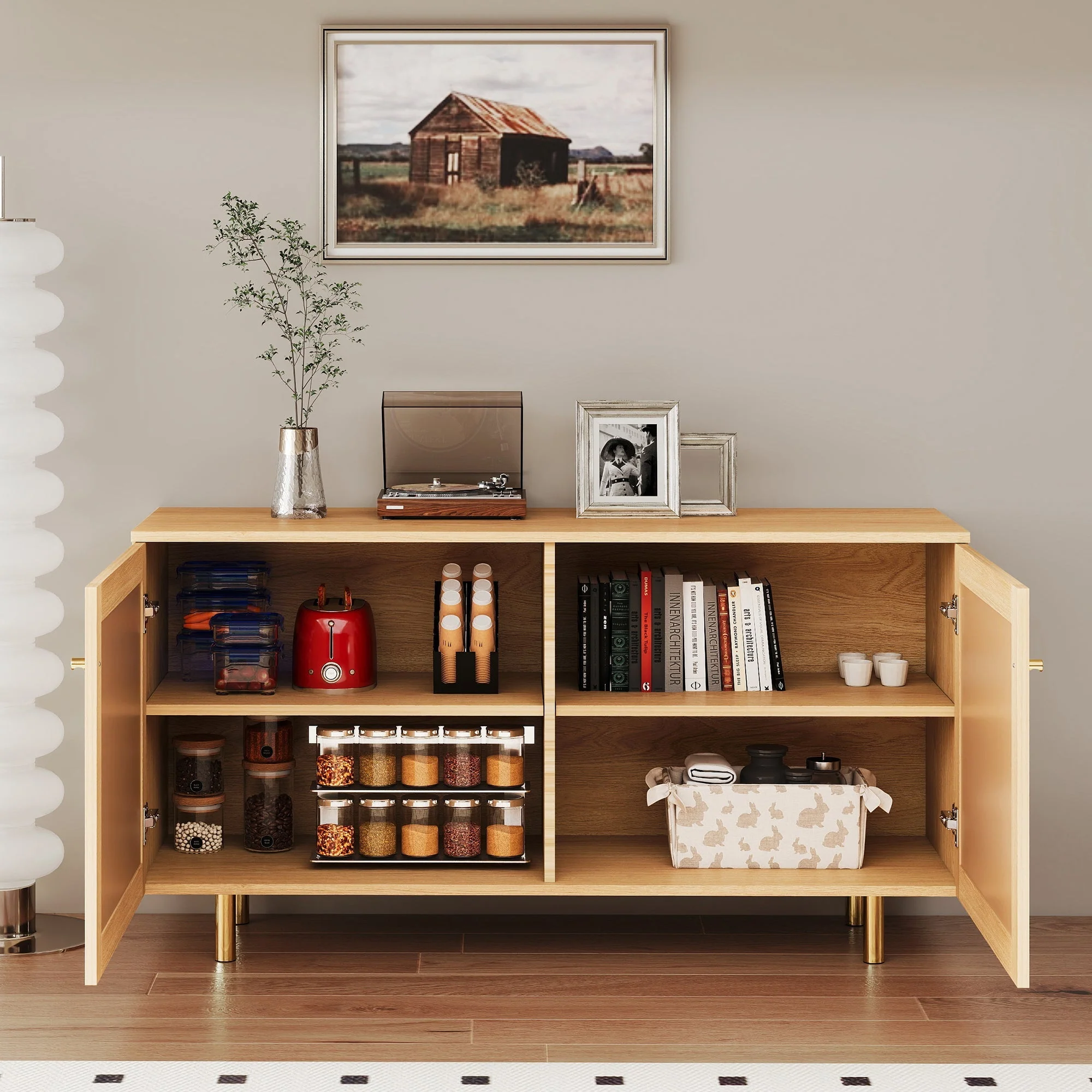 Wicker Sideboard Double-Door Storage Cabinet 120cm Natural Wood Look - Image 4