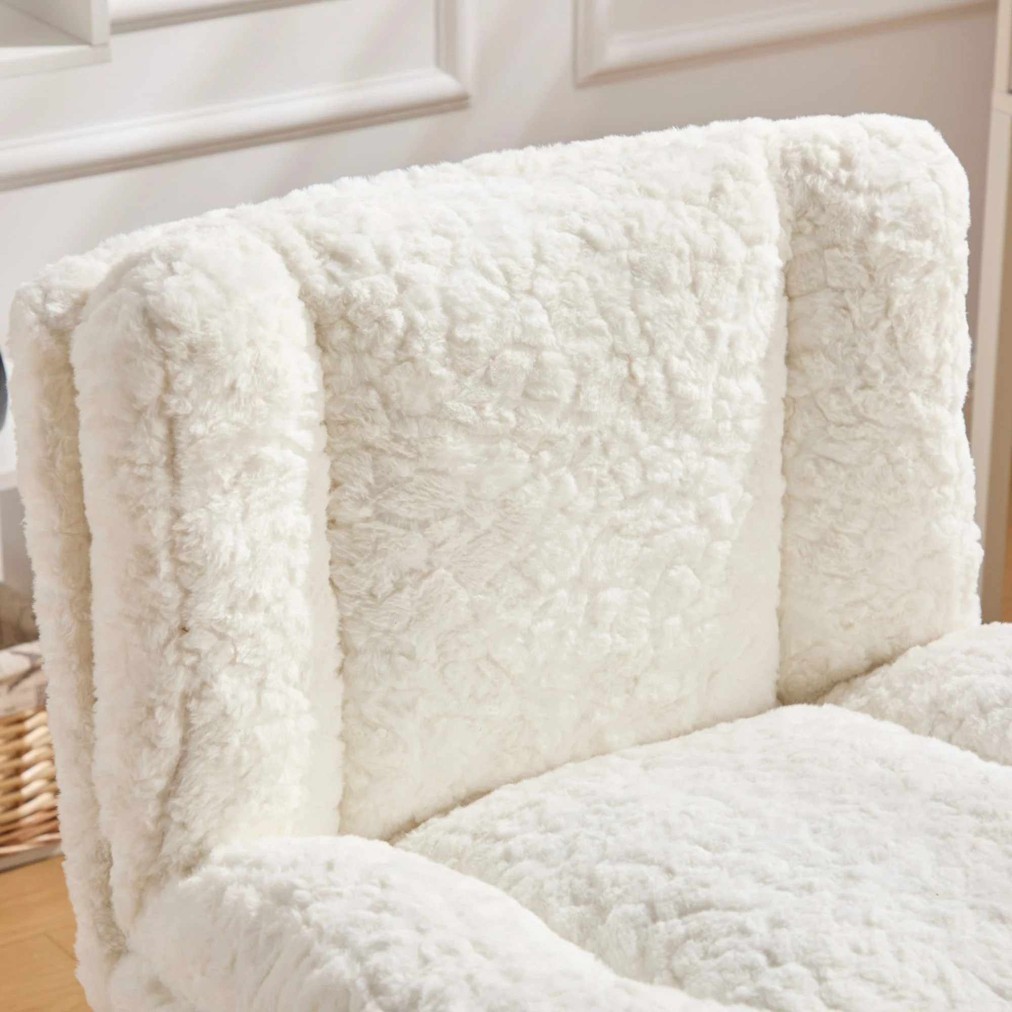 Wider Seat Office Chair with Artificial Rabbit Hair and Swivel Metal Base, Cream - Image 10