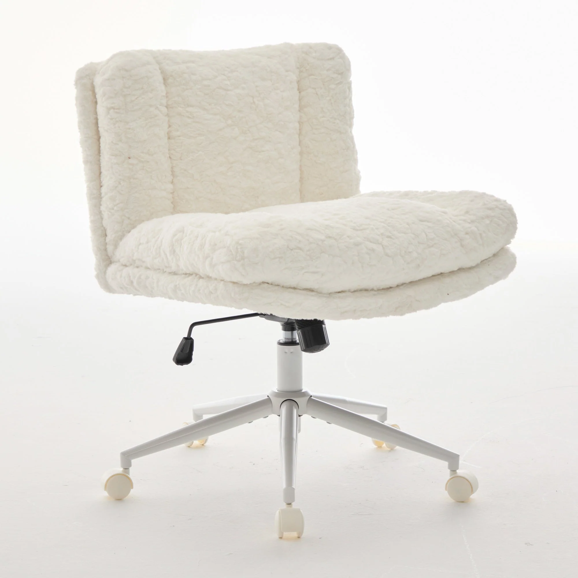Wider Seat Office Chair with Artificial Rabbit Hair and Swivel Metal Base, Cream - Image 3