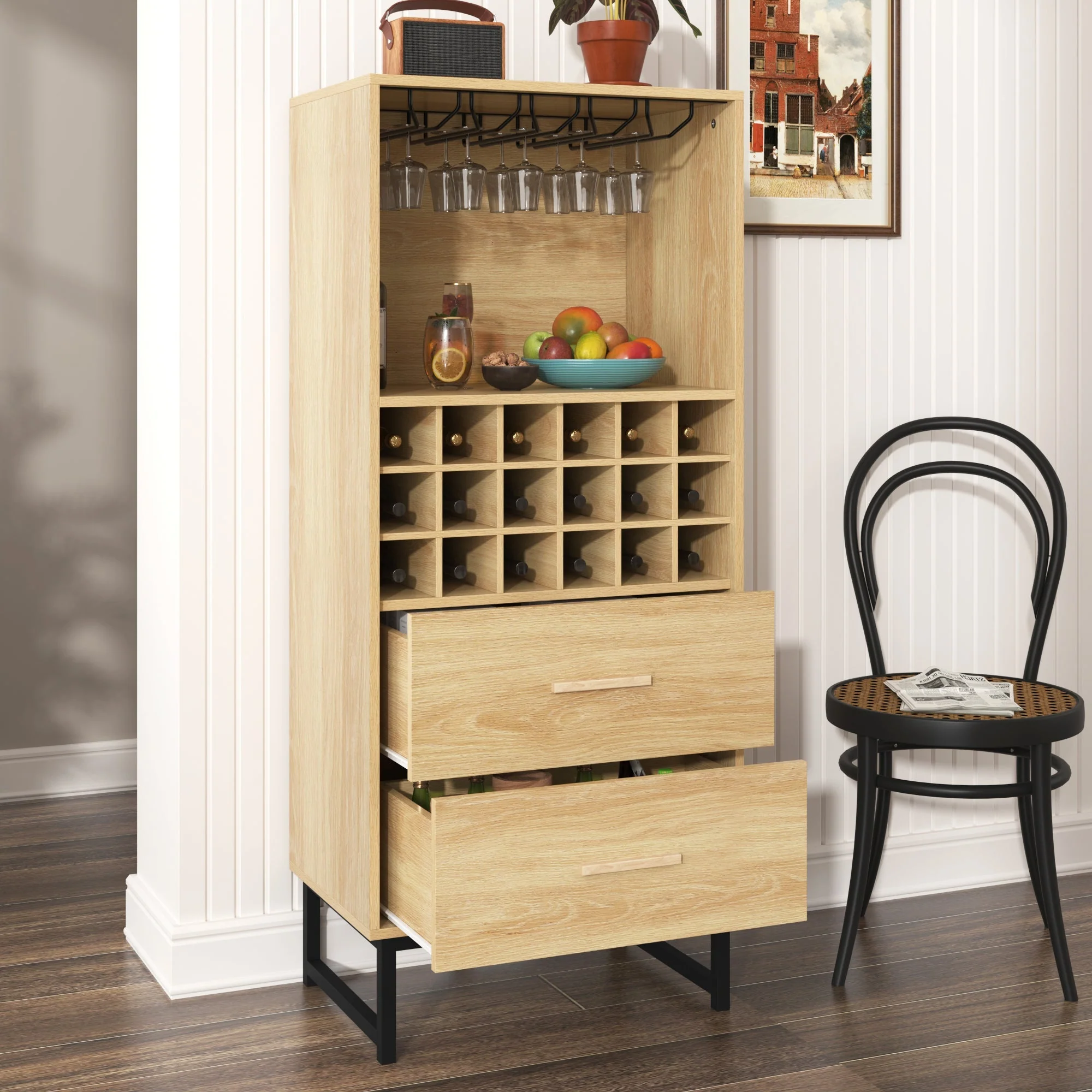Wine Cabinet 2 Drawers 18 Compartments Glass Holder Matte Black Metal - Image 3