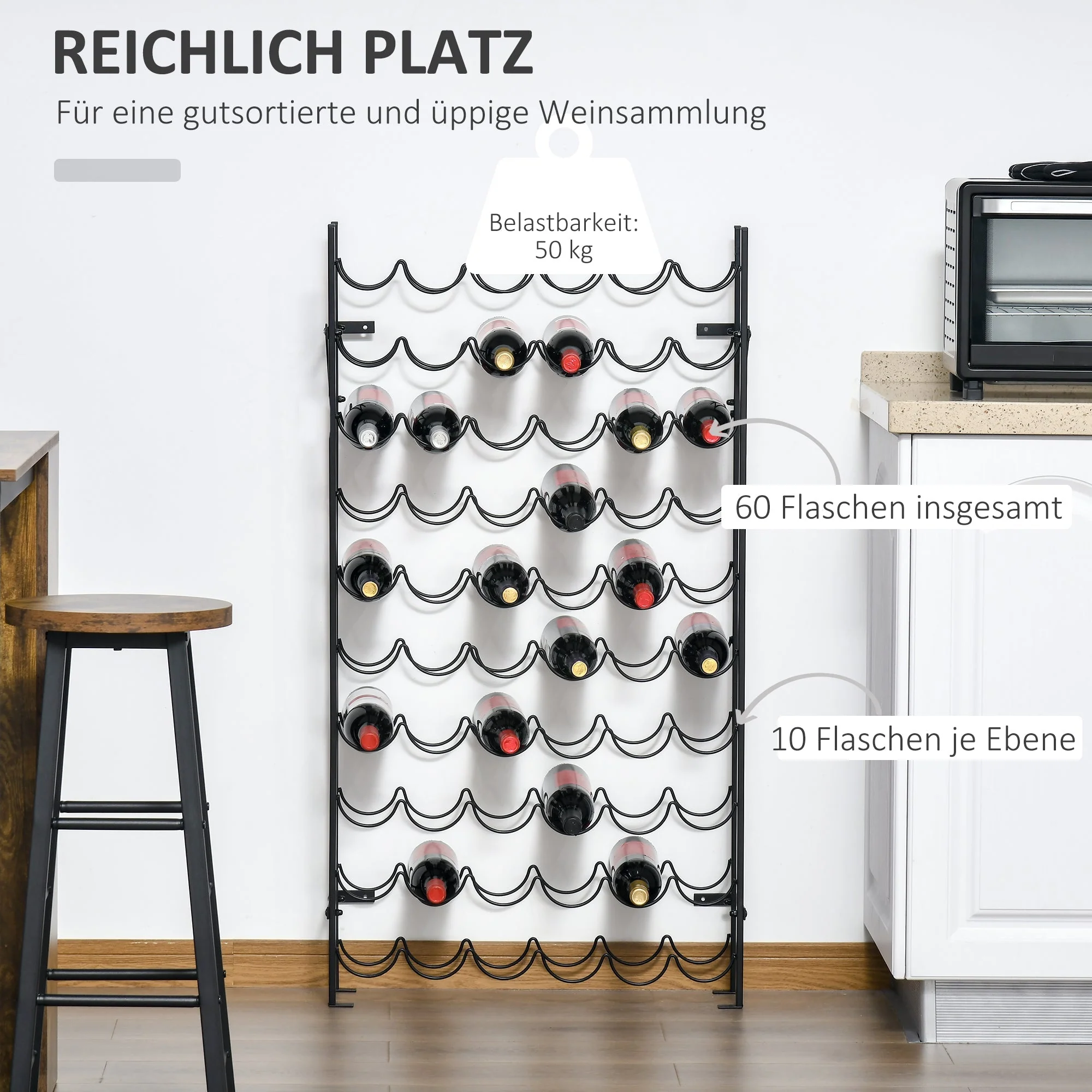 Wine Rack, 60 Bottles Wall-Mounted Metal, Black - Image 6