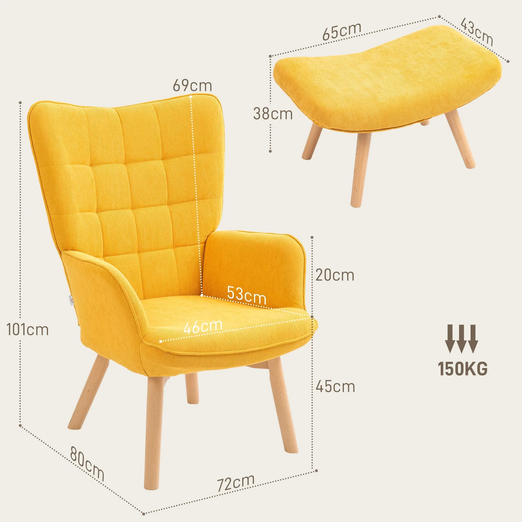 Wingback Chair with Footstool Recliner Wooden Legs, Corduroy Orange - Image 3