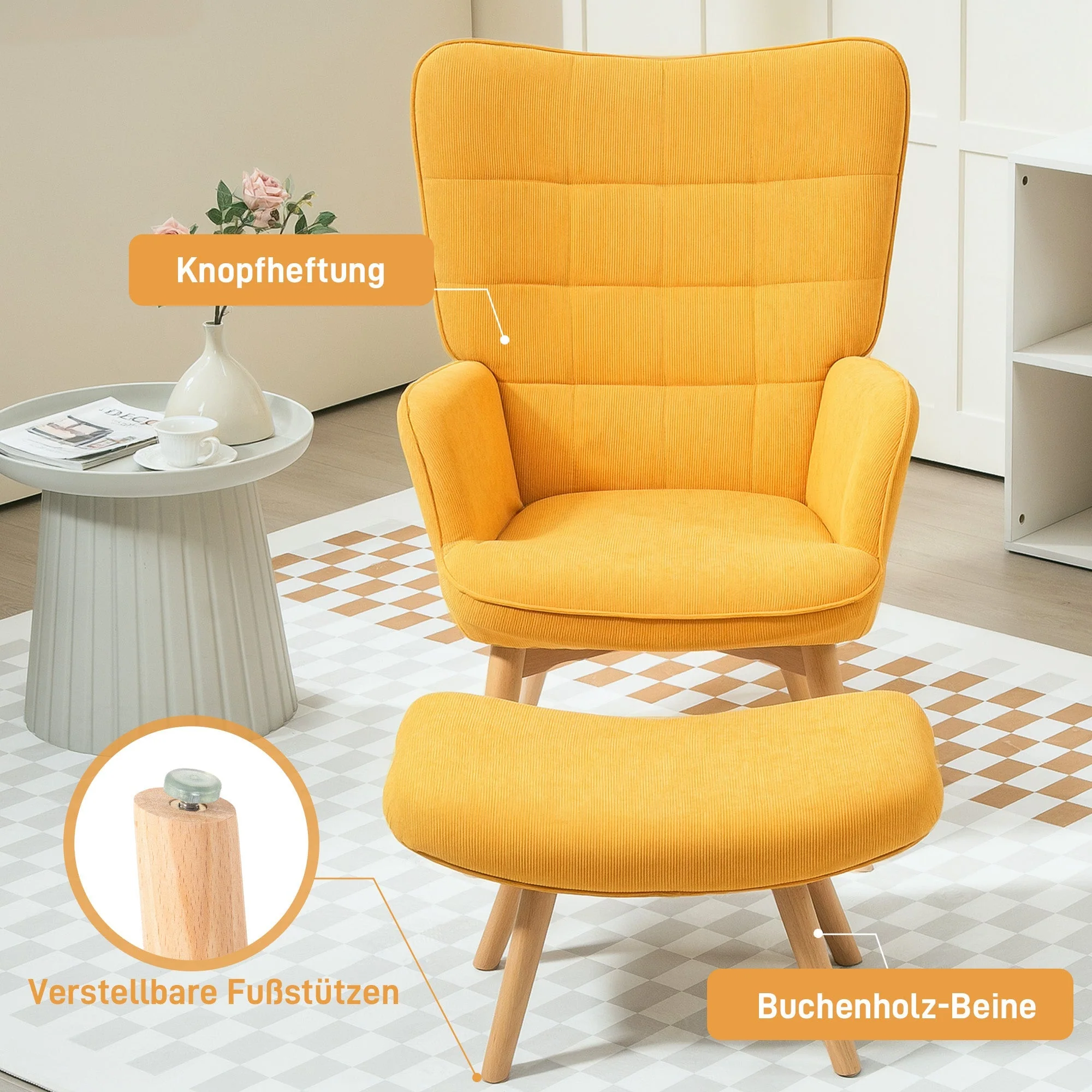 Wingback Chair with Footstool Recliner Wooden Legs, Corduroy Orange - Image 5