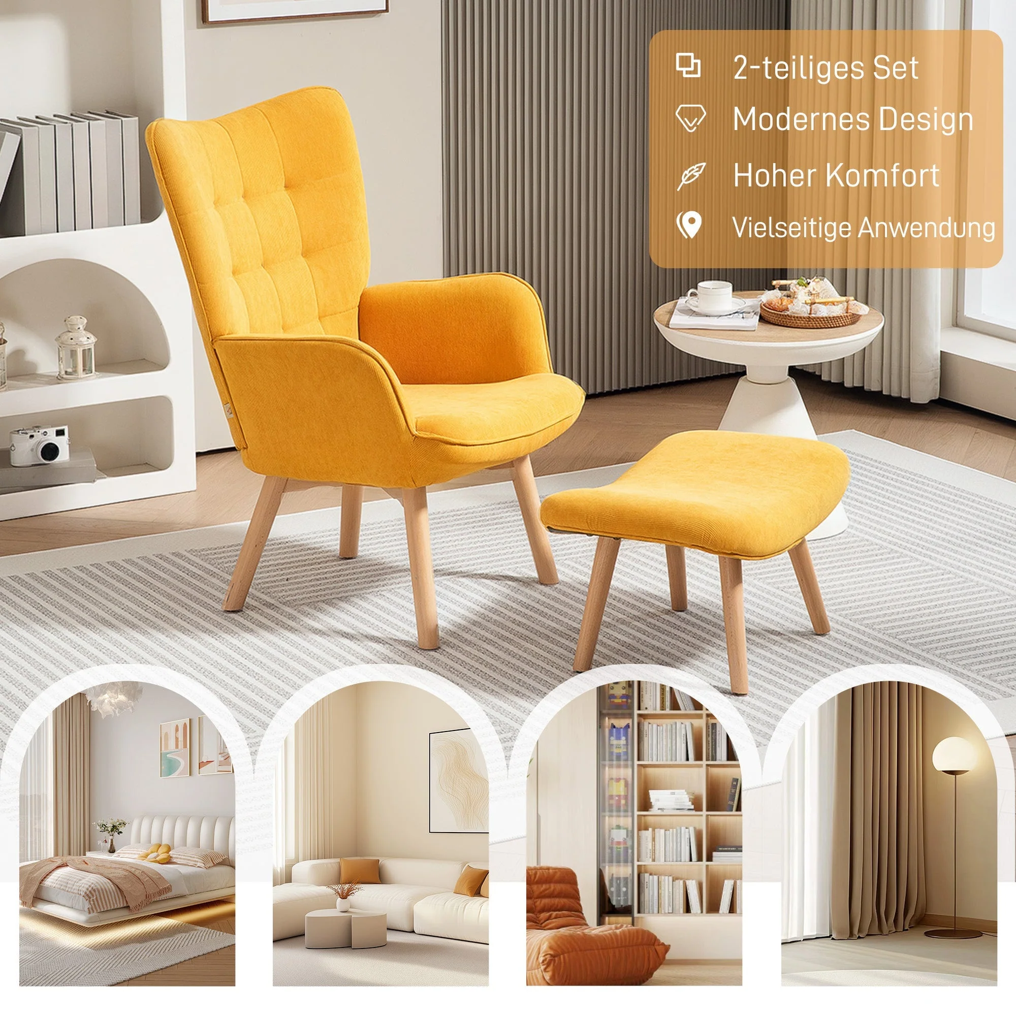Wingback Chair with Footstool Recliner Wooden Legs, Corduroy Orange - Image 6