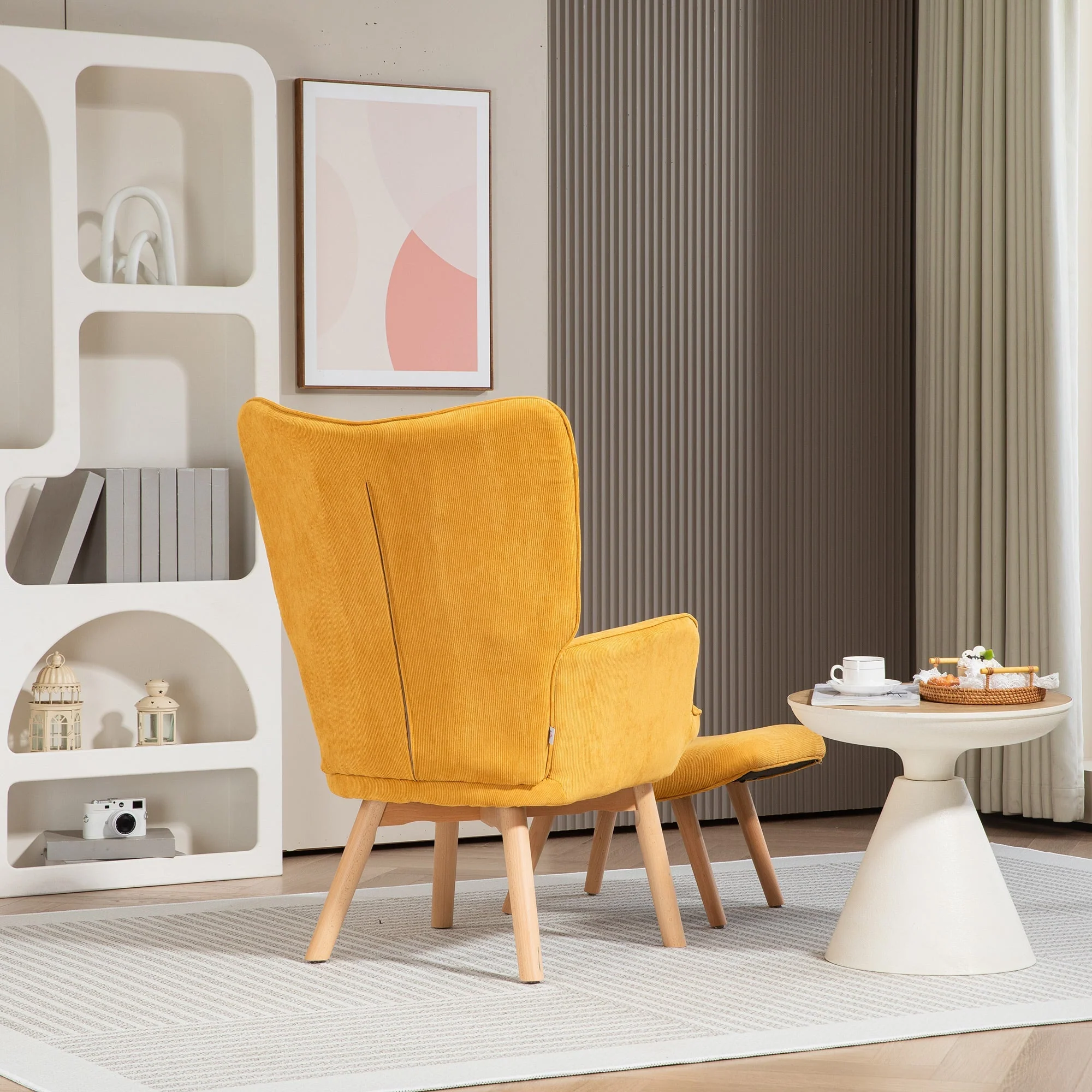 Wingback Chair with Footstool Recliner Wooden Legs, Corduroy Orange - Image 7