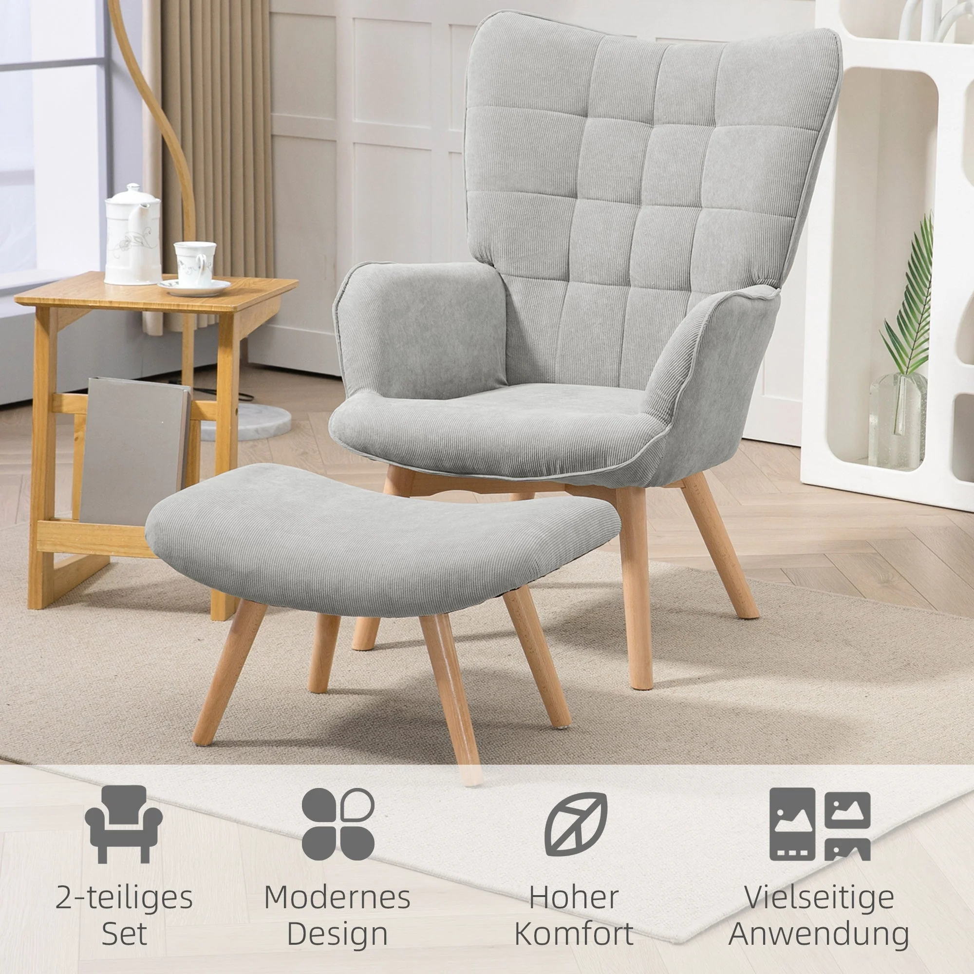Wingback Chair with Footstool, Upholstered Relaxing Chair, Grey Corduroy - Image 6