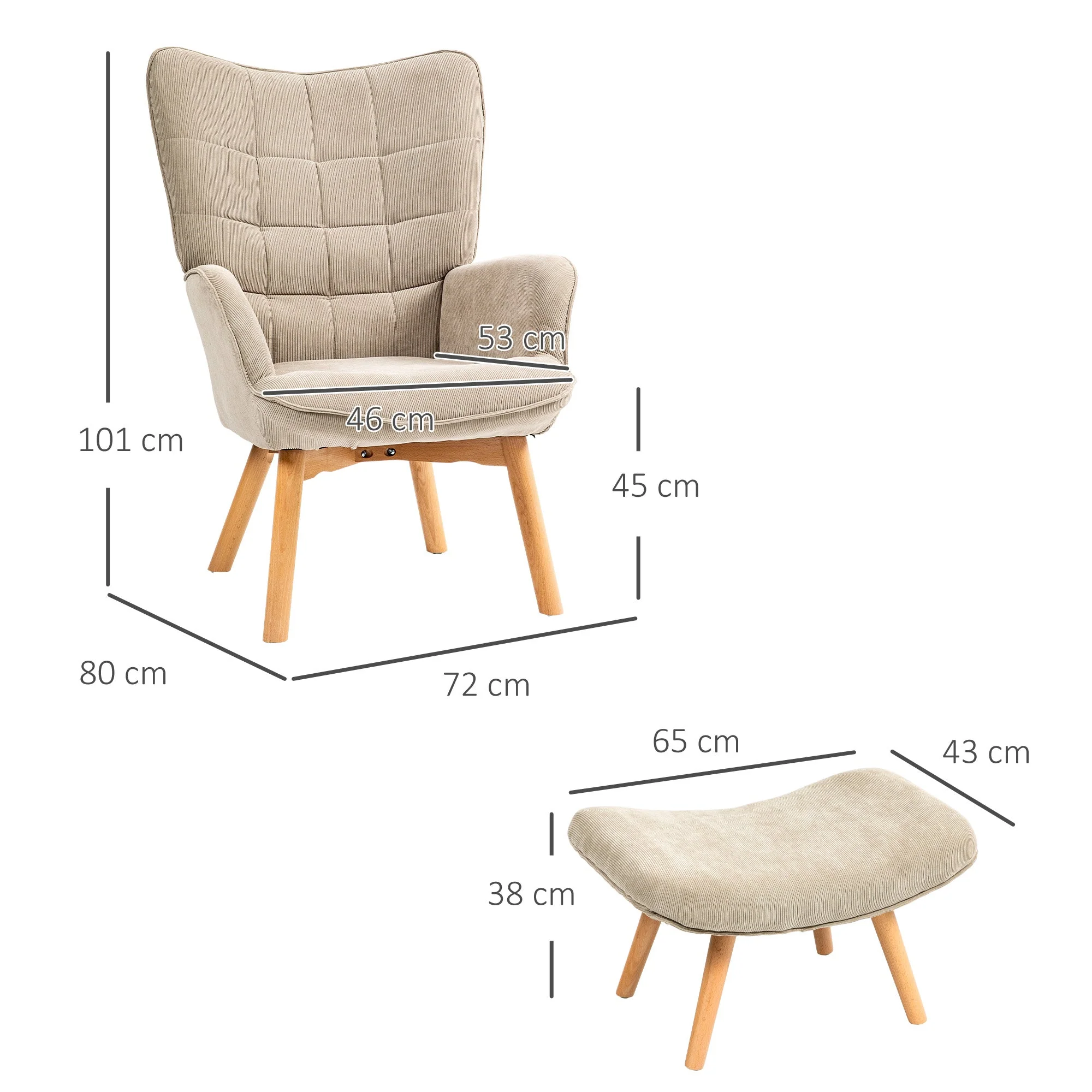 Wingback Chair with Footstool, Upholstered Relaxing Khaki Corduroy - Image 3