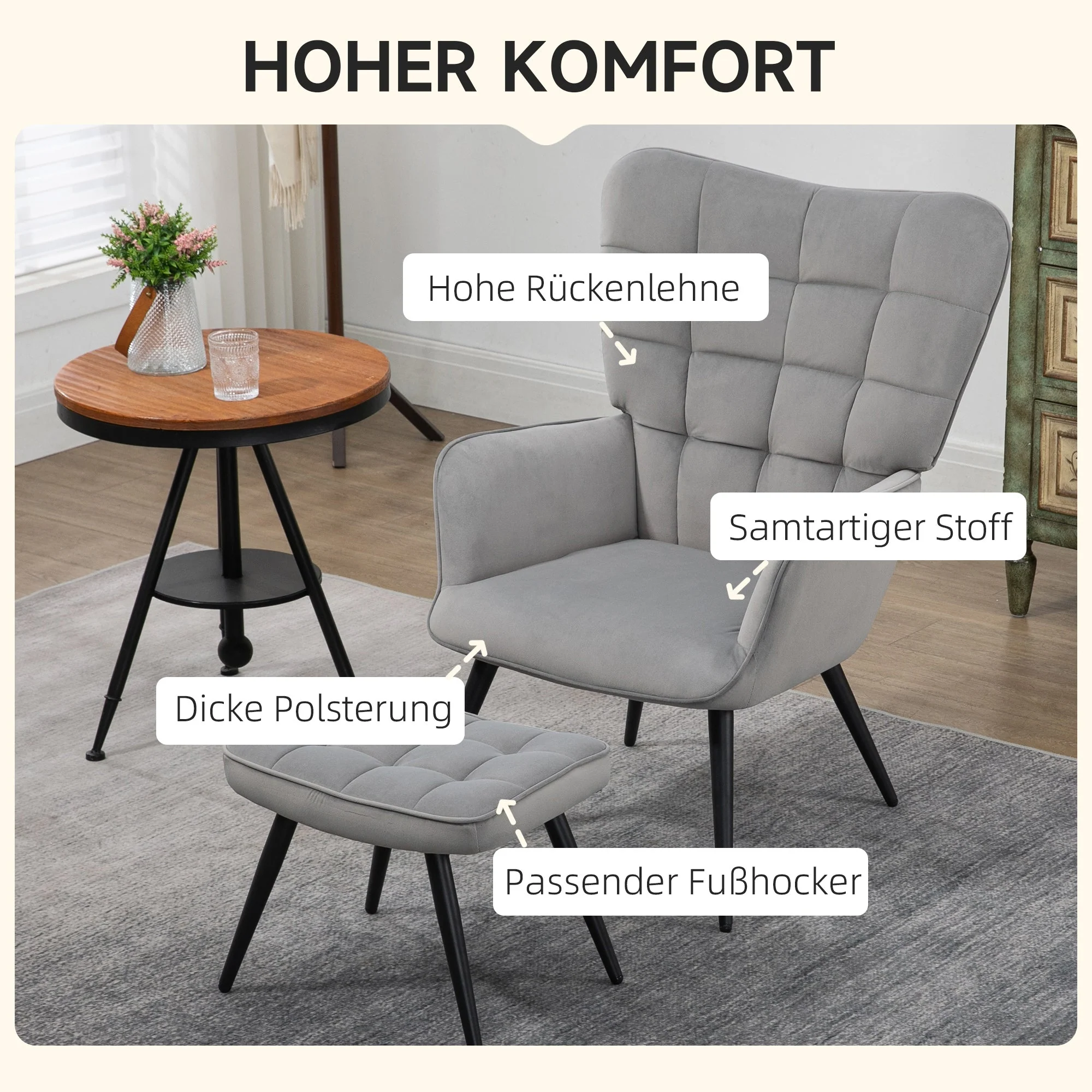 Wingback Chair with Footstool, Upholstered, Velvet Look, Light Grey - Image 4