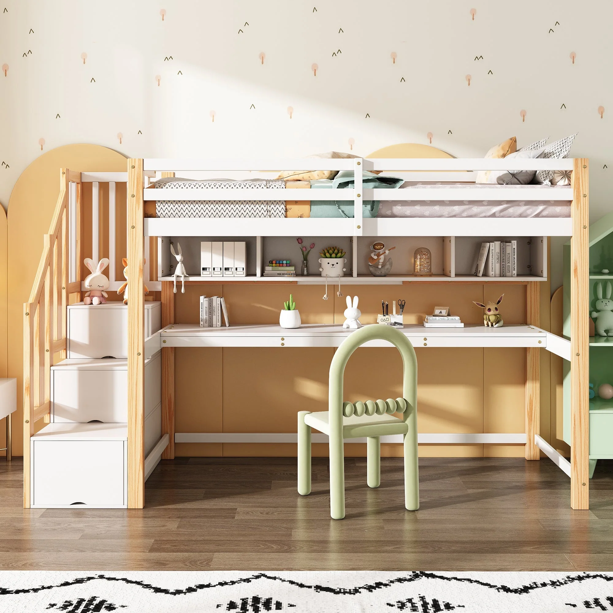 Wood House Bunk Bed, Children's Loft Bed with Storage Stairs, Desk, Shelves, Pine Wood, White + Natural - Image 2