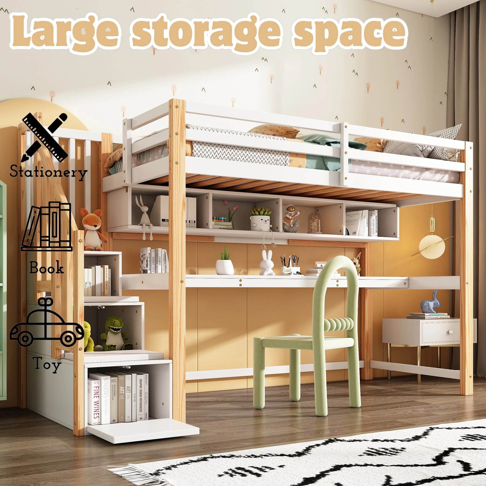Wood House Bunk Bed, Children's Loft Bed with Storage Stairs, Desk, Shelves, Pine Wood, White + Natural - Image 3