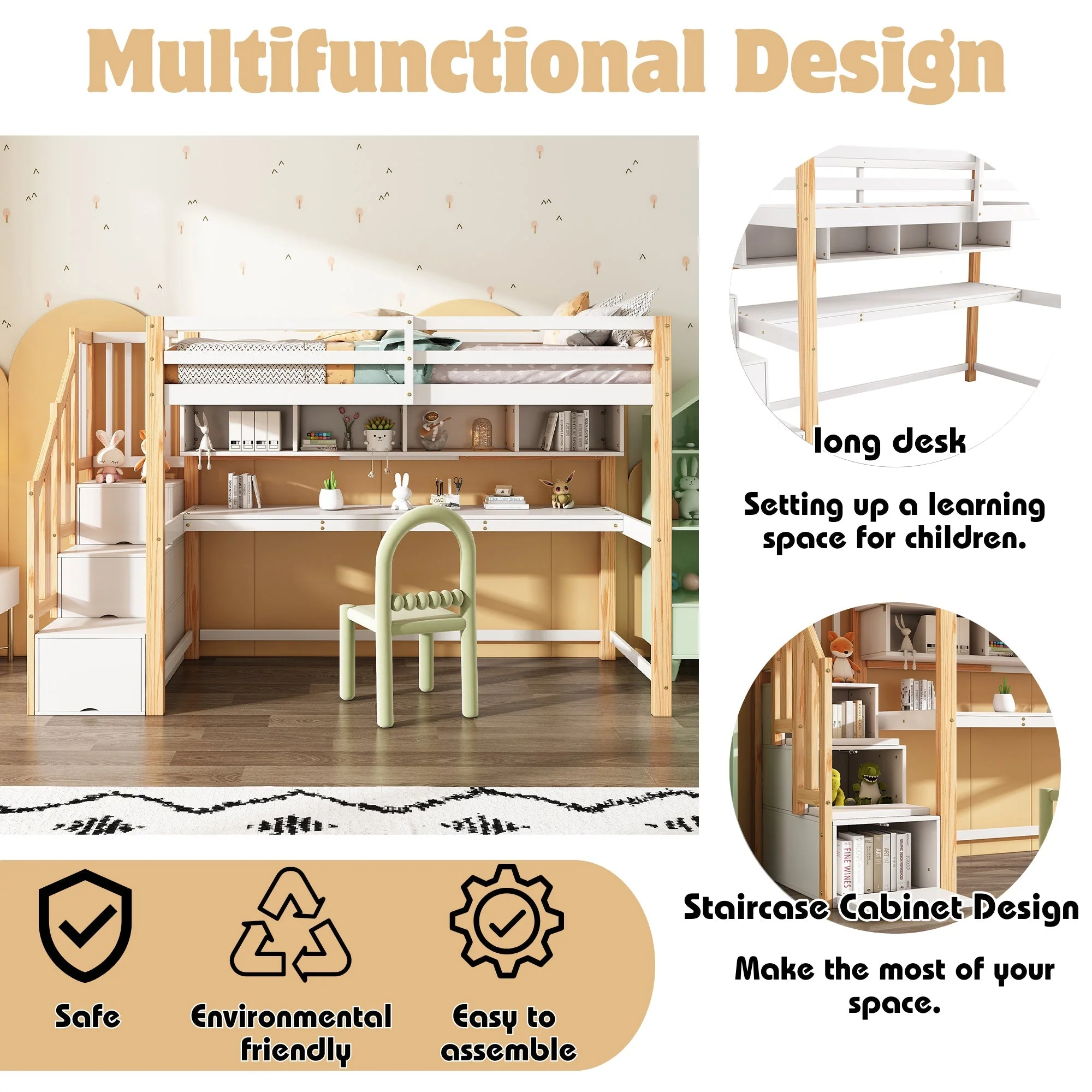 Wood House Bunk Bed, Children's Loft Bed with Storage Stairs, Desk, Shelves, Pine Wood, White + Natural - Image 4