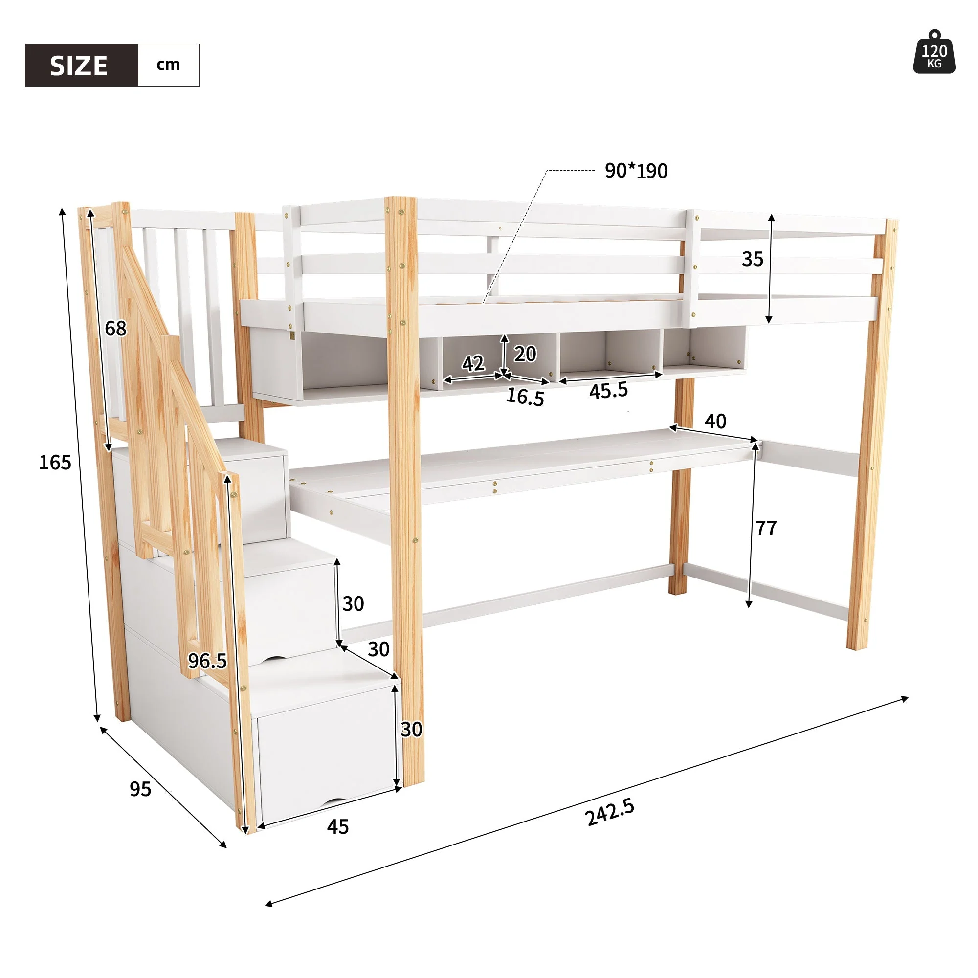 Wood House Bunk Bed, Children's Loft Bed with Storage Stairs, Desk, Shelves, Pine Wood, White + Natural - Image 5