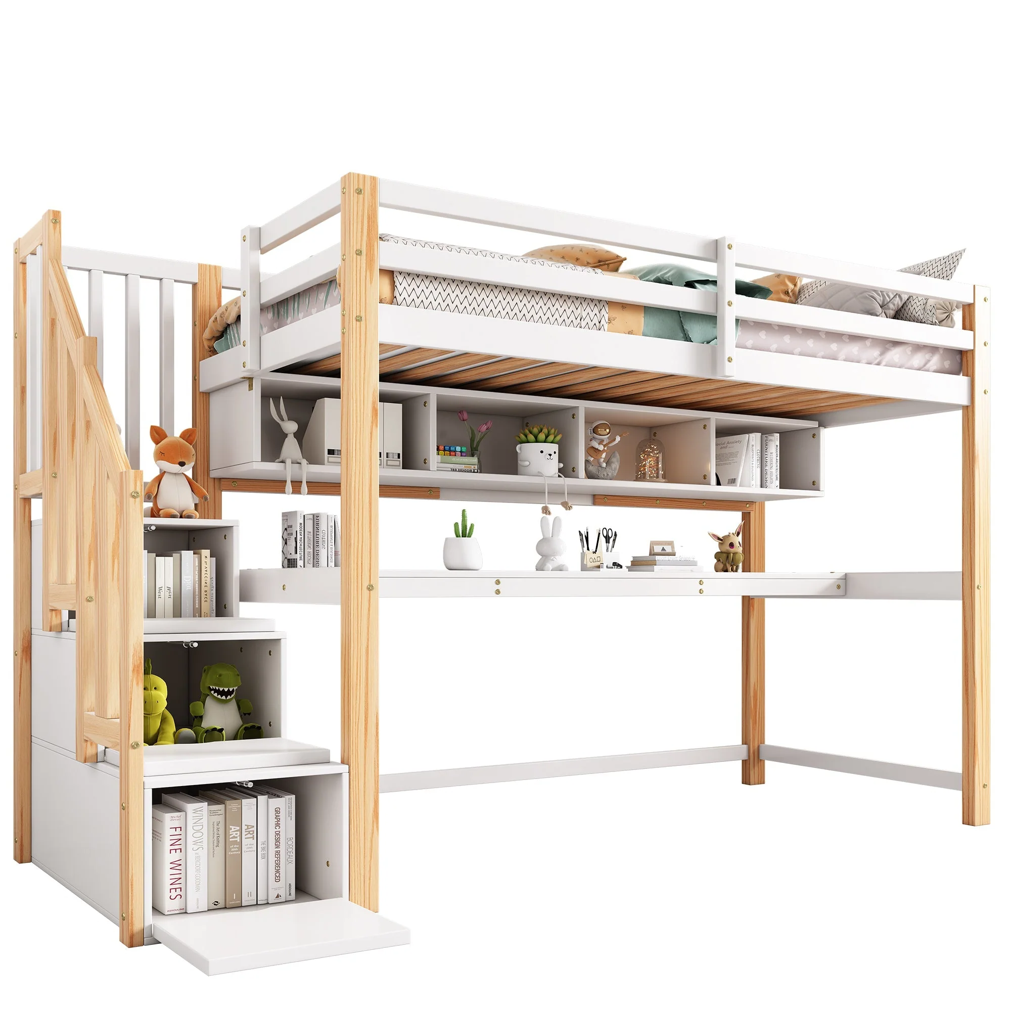 Wood House Bunk Bed, Children's Loft Bed with Storage Stairs, Desk, Shelves, Pine Wood, White + Natural - Image 6