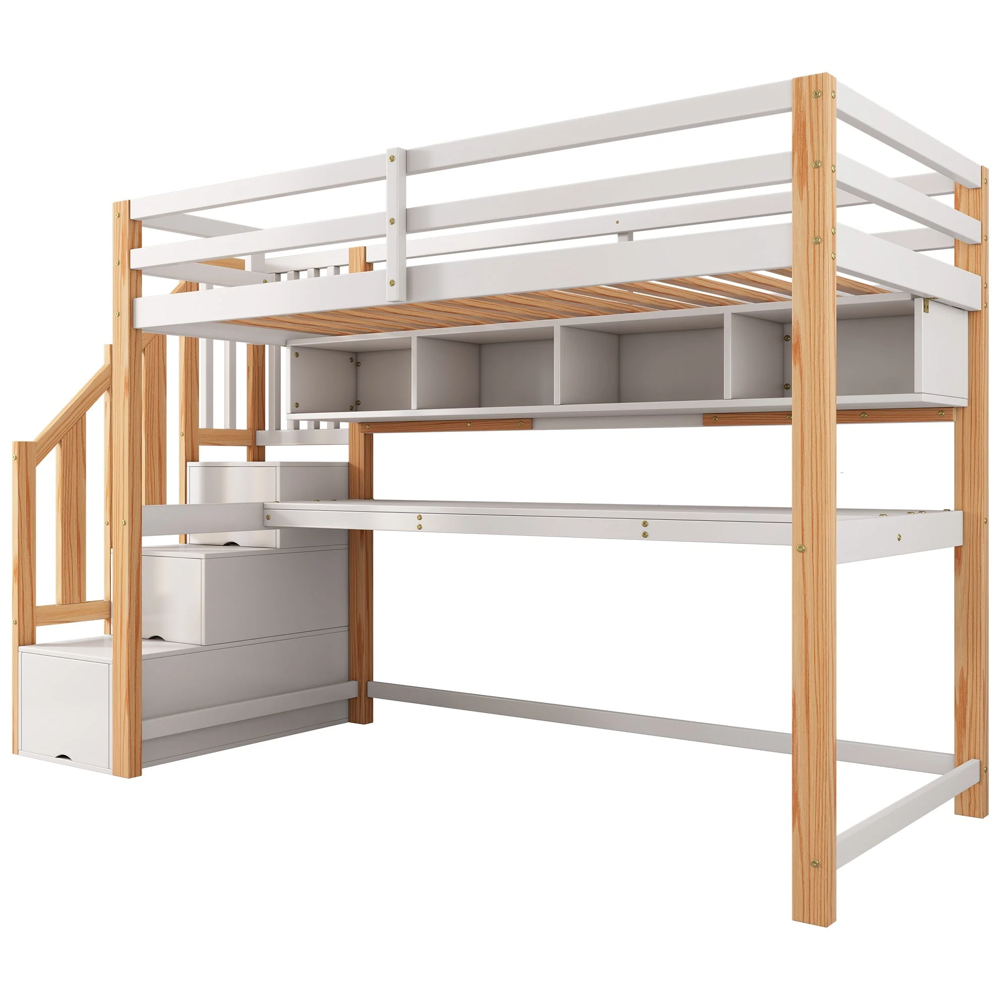 Wood House Bunk Bed, Children's Loft Bed with Storage Stairs, Desk, Shelves, Pine Wood, White + Natural - Image 7