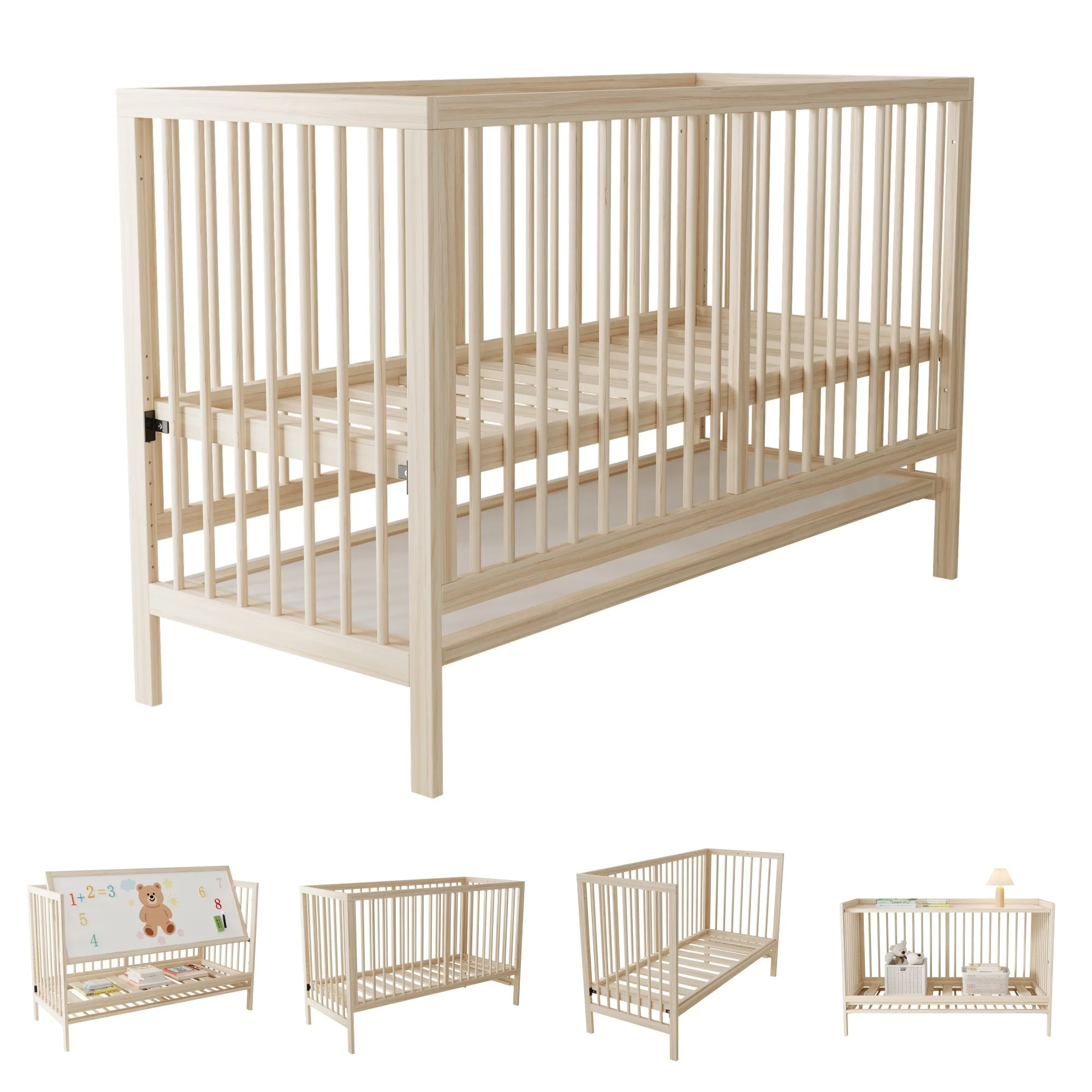 Wooden Baby Bed 140x60cm Multifunctional Convertible Side Bed Desk Height-Adjustable Spruce Natural - Image 10