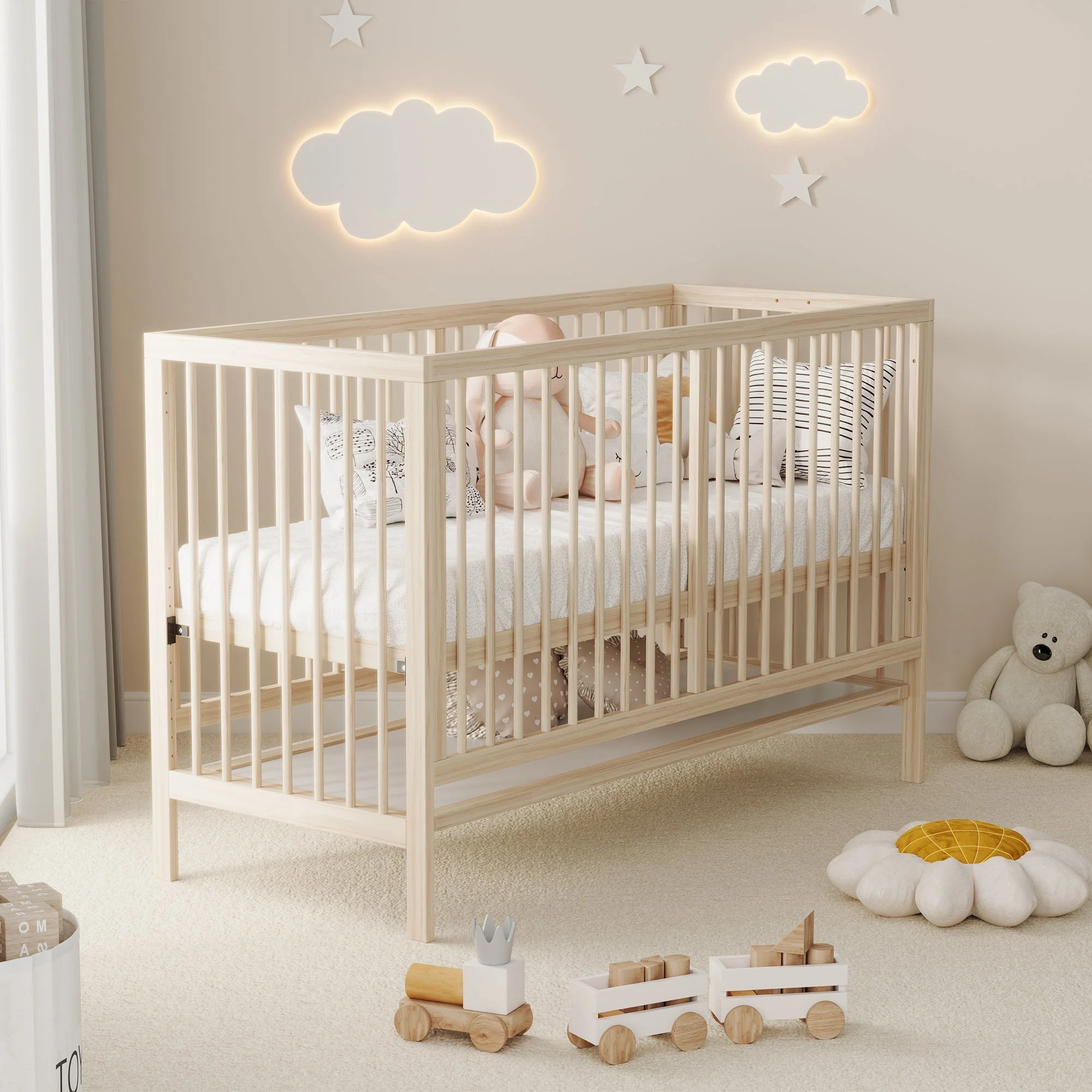 Wooden Baby Bed 140x60cm Multifunctional Convertible Side Bed Desk Height-Adjustable Spruce Natural - Image 4